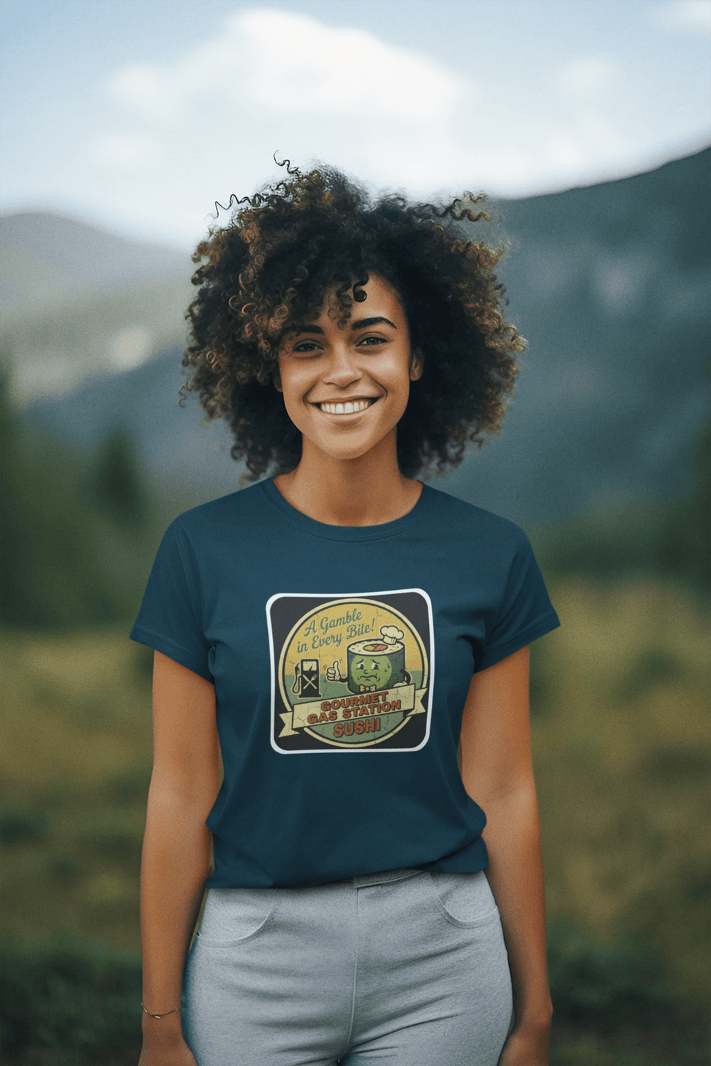 A Gamble In Every Bite - Funny Gourmet Gas Station Sushi Retro Mascot T-Shirt - Guilty Kick Apparel