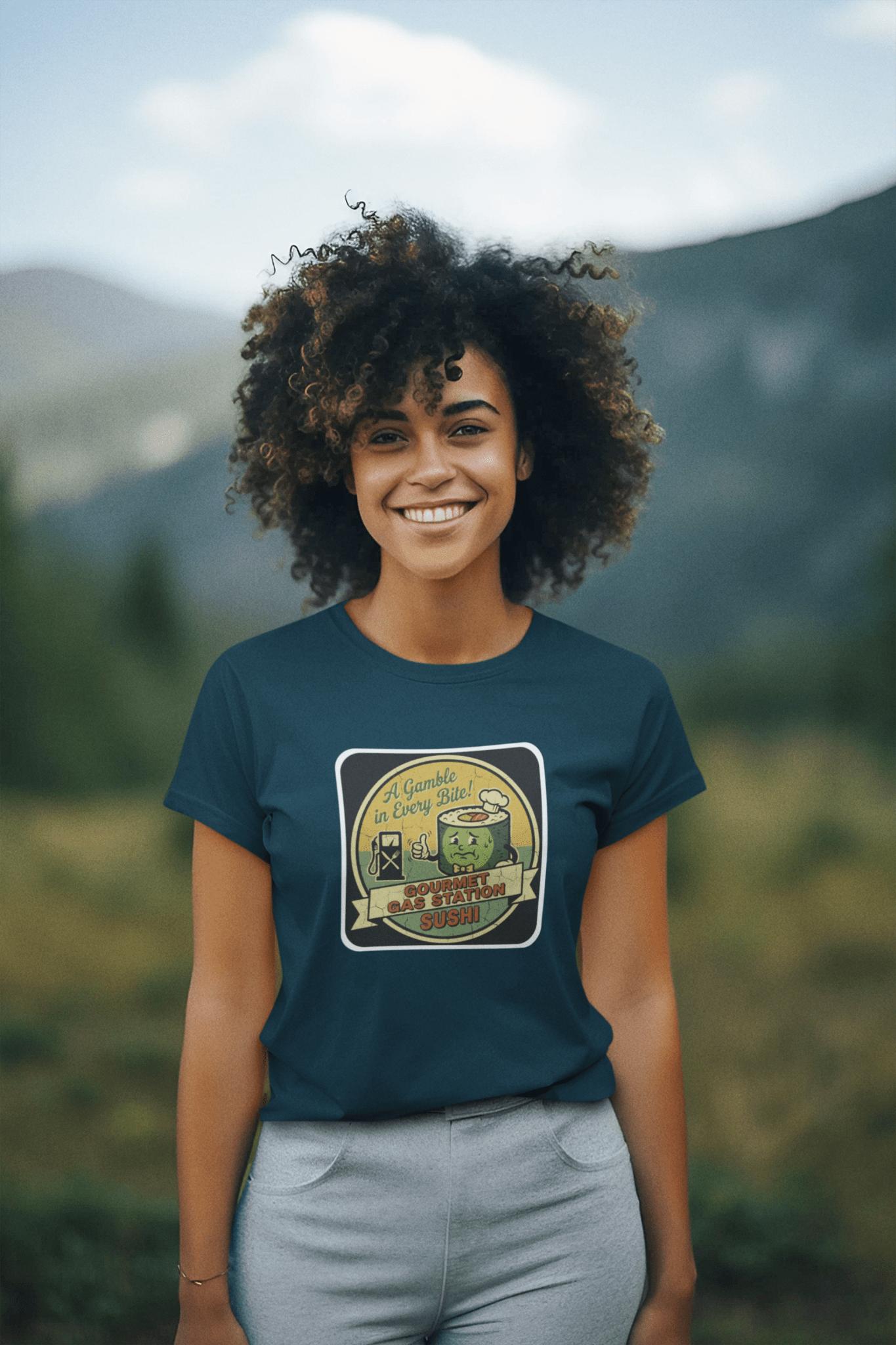 A Gamble In Every Bite - Funny Gourmet Gas Station Sushi Retro Mascot T-Shirt - Guilty Kick Apparel