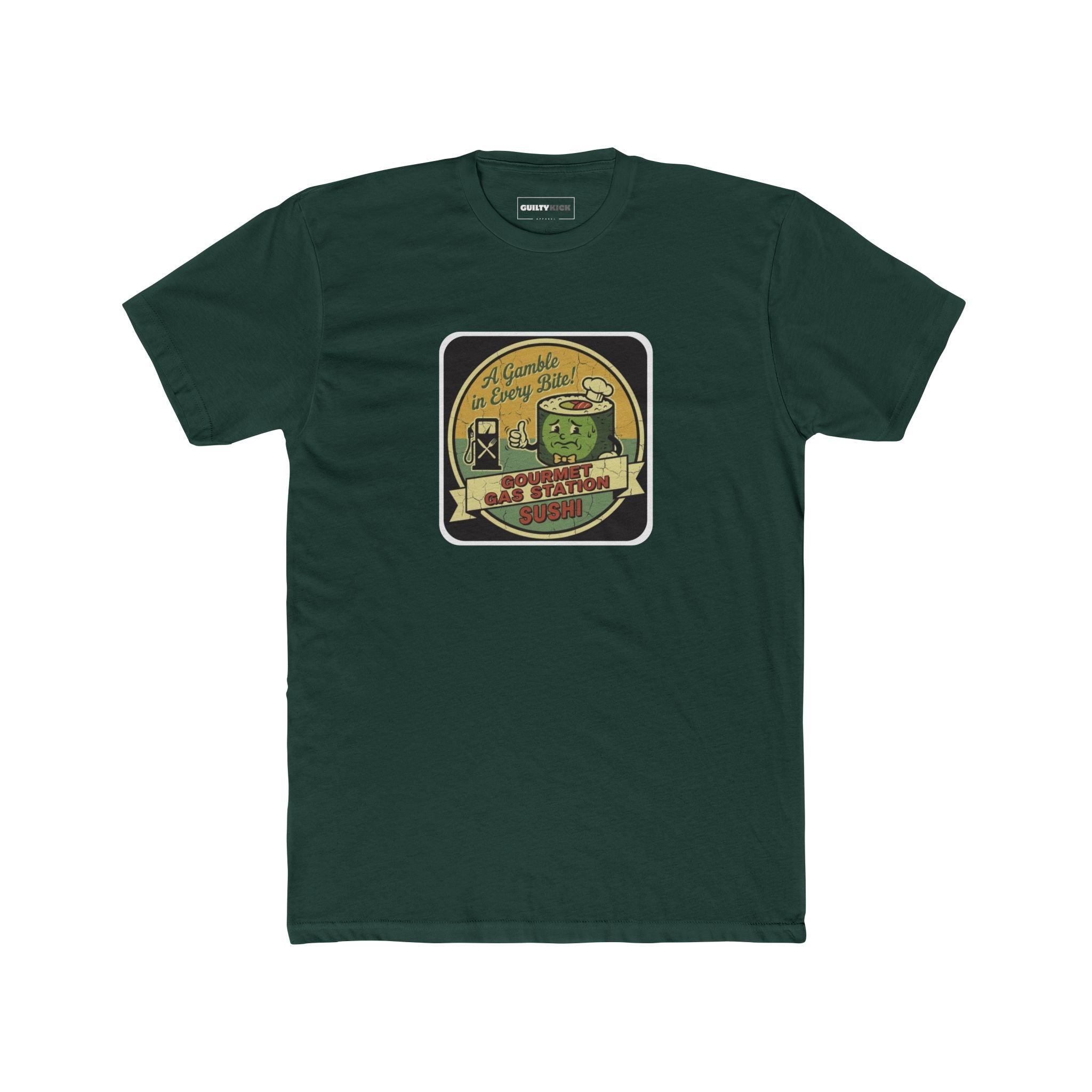 A Gamble In Every Bite - Funny Gourmet Gas Station Sushi Retro Mascot T-Shirt - Guilty Kick Apparel