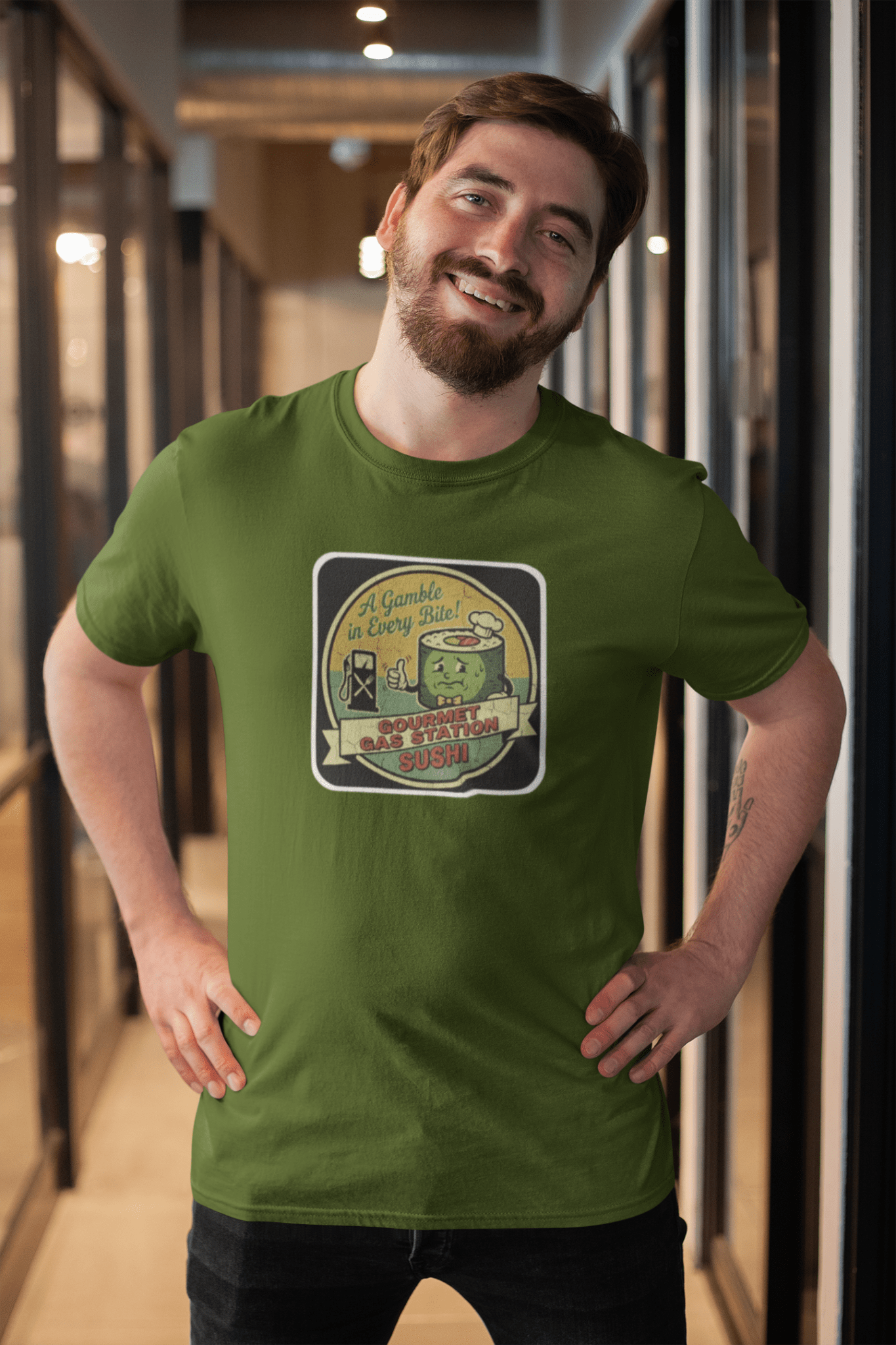 A Gamble In Every Bite - Funny Gourmet Gas Station Sushi Retro Mascot T-Shirt - Guilty Kick Apparel