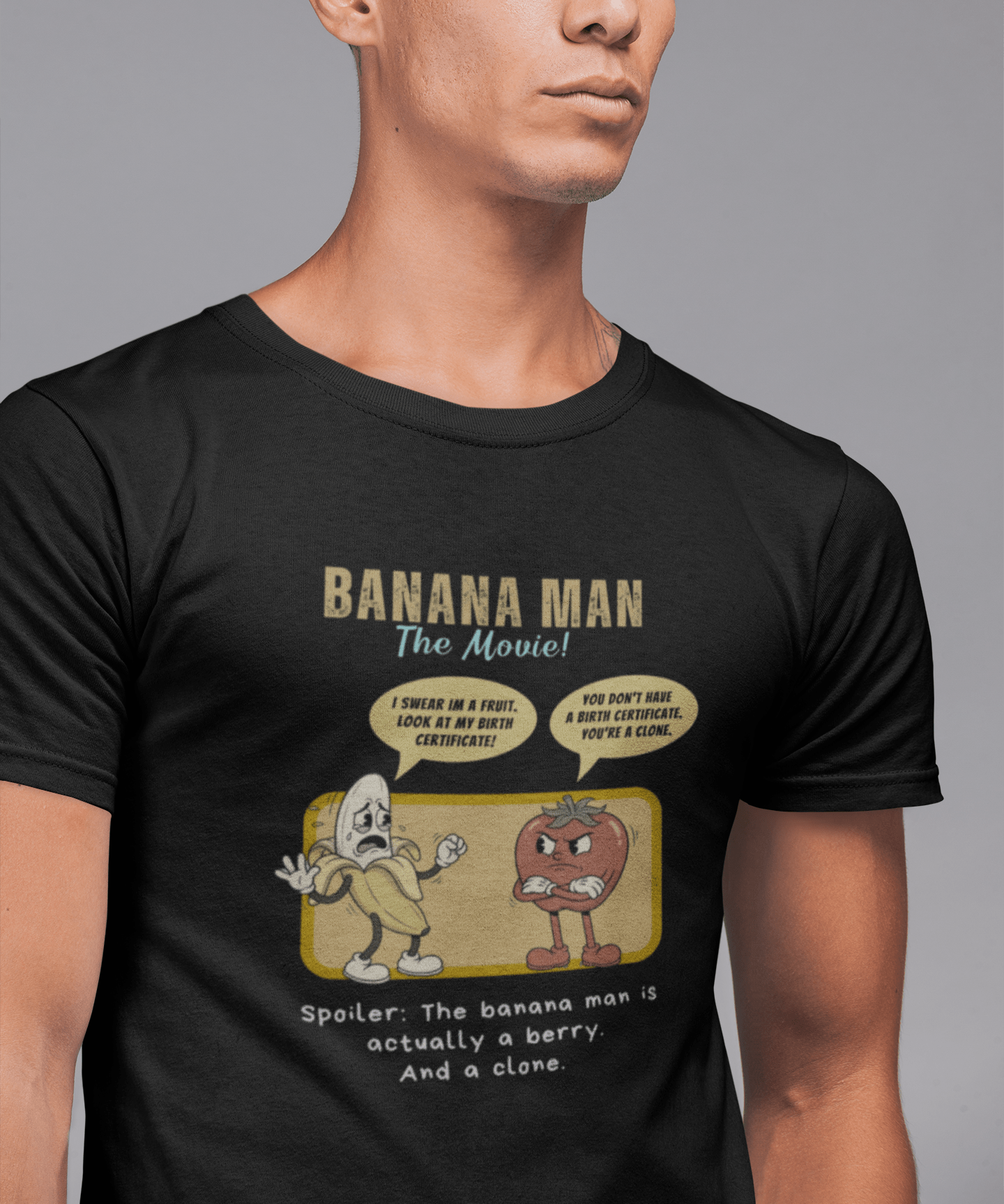 Banana Man The Movie Parody T-Shirt, Funny Banana is a Berry Clone Joke Shirt - Guilty Kick Apparel