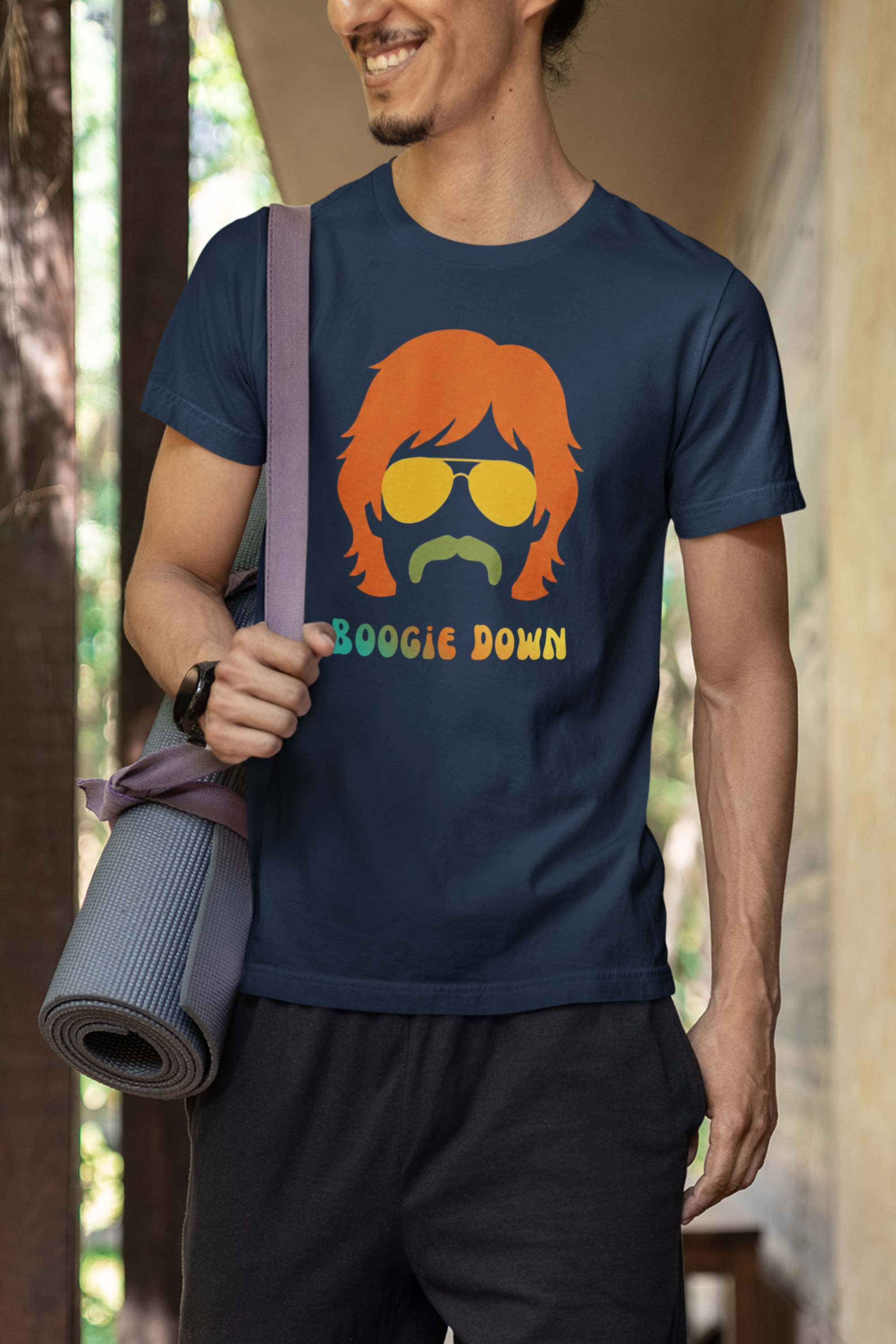 Retro 70s Boogie Down Graphic Tee Vintage Aviators & Mustache Shag Hair Style