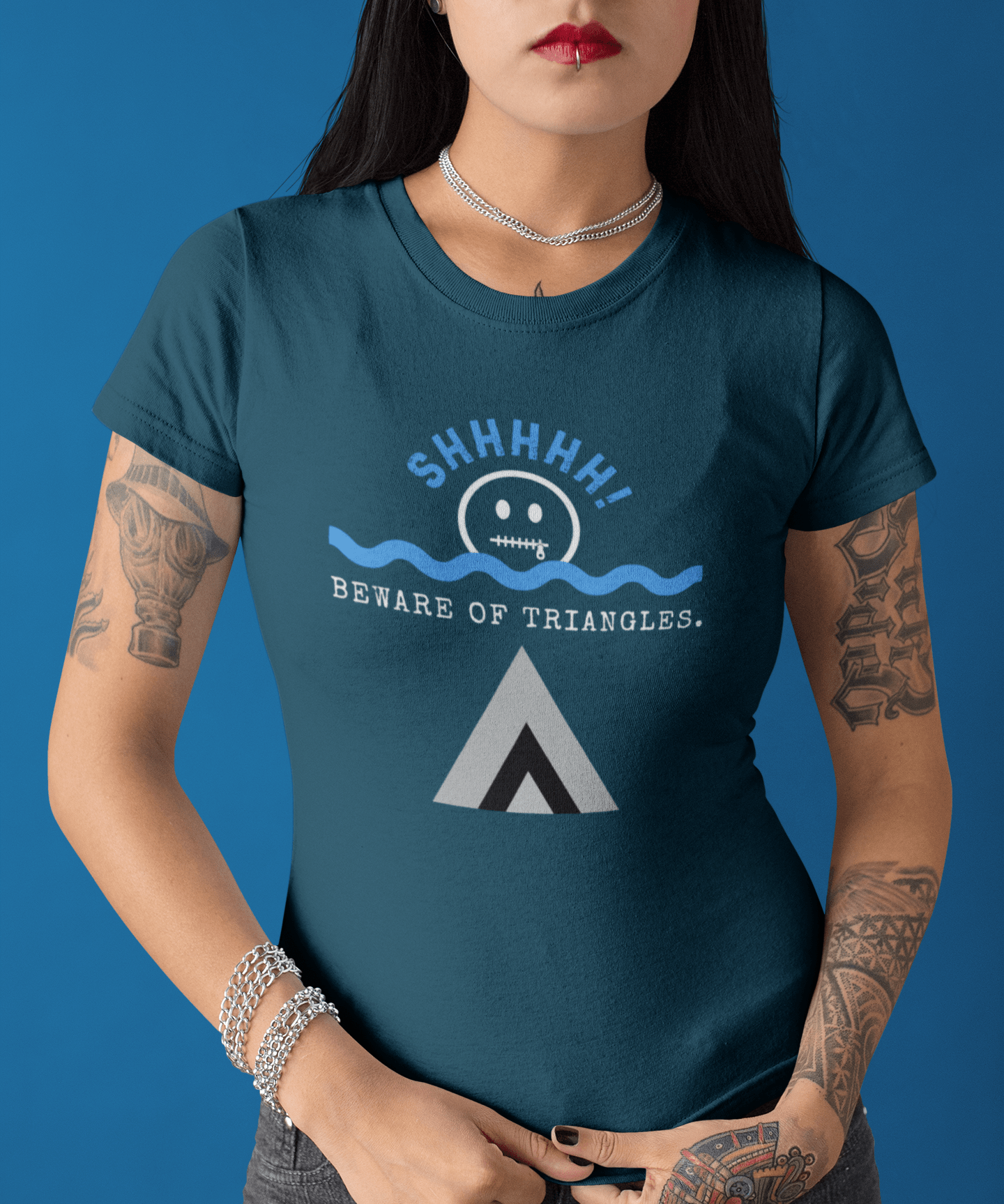 Beware of Triangles Retro Graphic T-Shirt Satirical Shhhh Smiley Tee - Guilty Kick Apparel