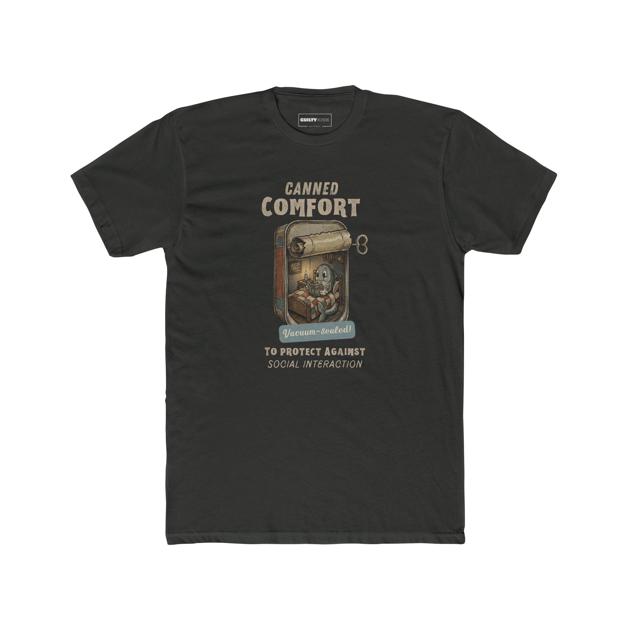 Canned Comfort: Introvert Fish Retro 1930s Cartoon Social Anxiety T-Shirt - Guilty Kick Apparel