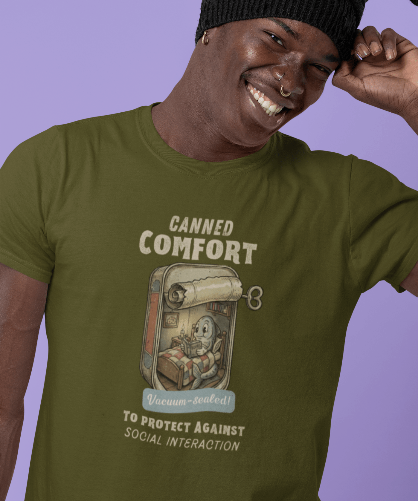 Canned Comfort: Introvert Fish Retro 1930s Cartoon Social Anxiety T-Shirt - Guilty Kick Apparel