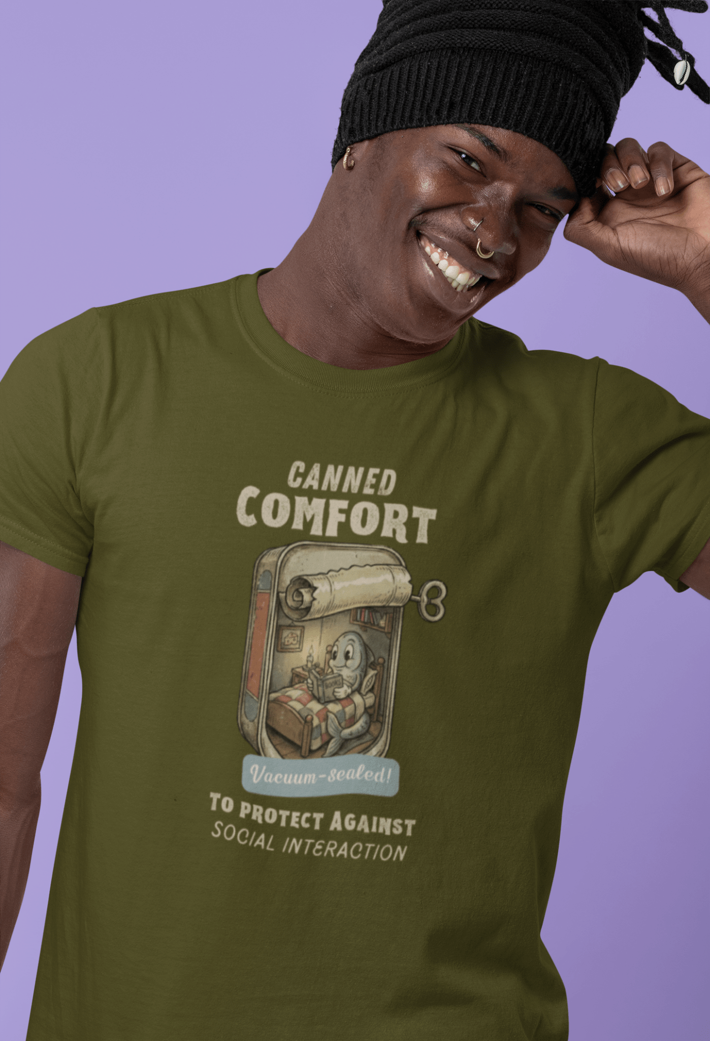 Canned Comfort: Introvert Fish Retro 1930s Cartoon Social Anxiety T-Shirt - Guilty Kick Apparel