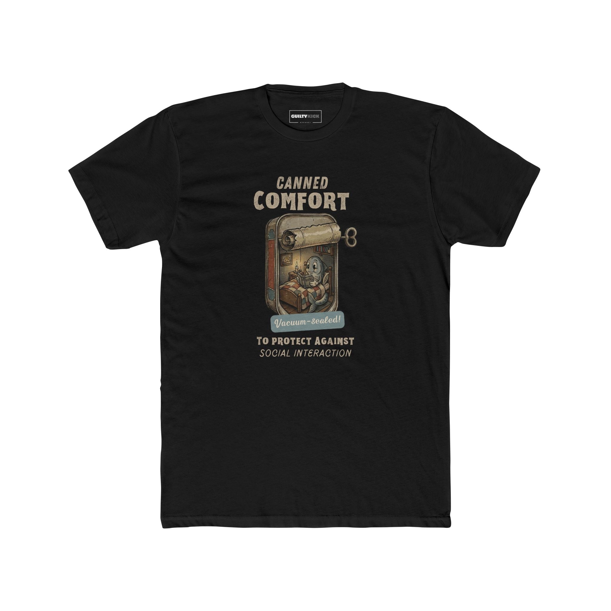 Canned Comfort: Introvert Fish Retro 1930s Cartoon Social Anxiety T-Shirt - Guilty Kick Apparel