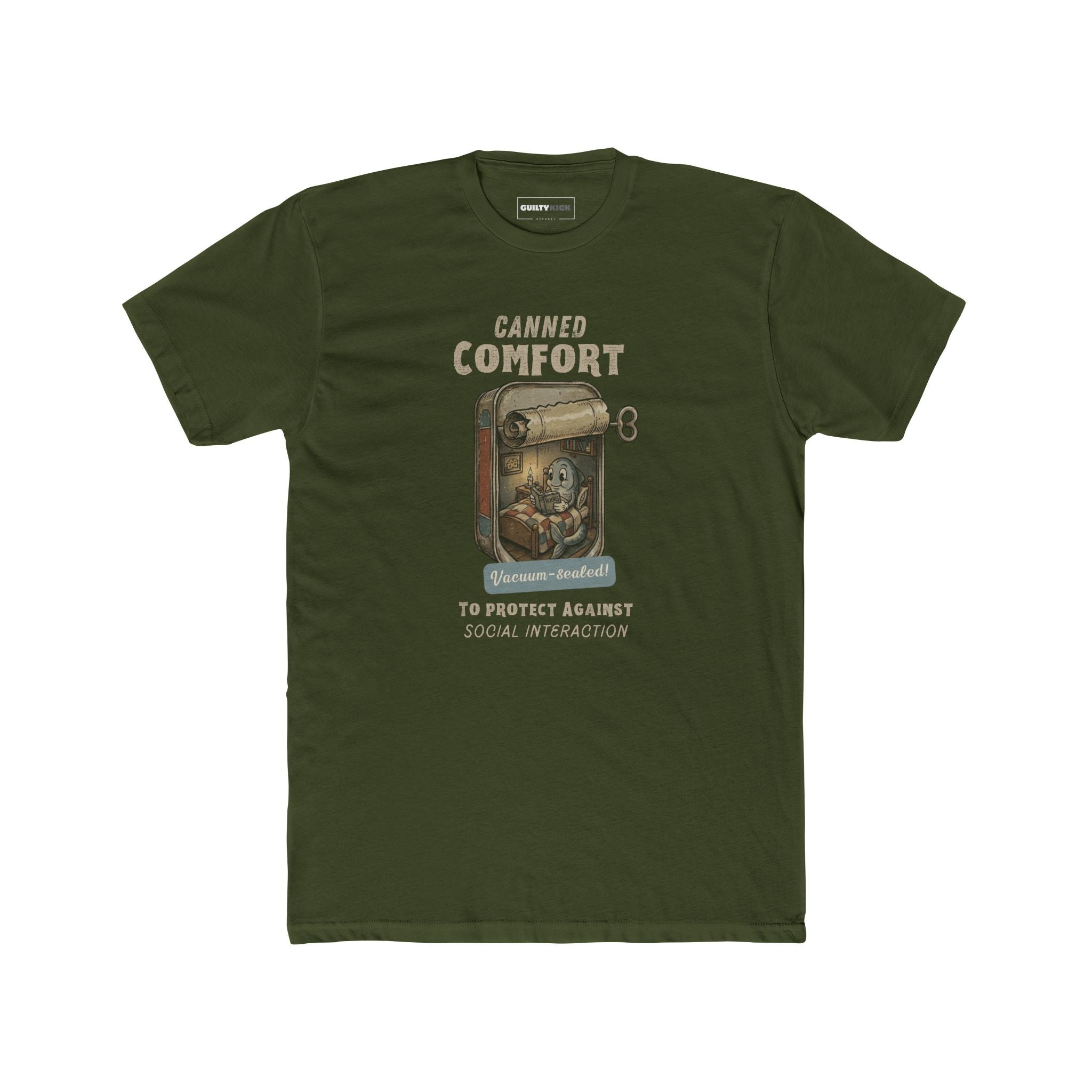 Canned Comfort: Introvert Fish Retro 1930s Cartoon Social Anxiety T-Shirt - Guilty Kick Apparel