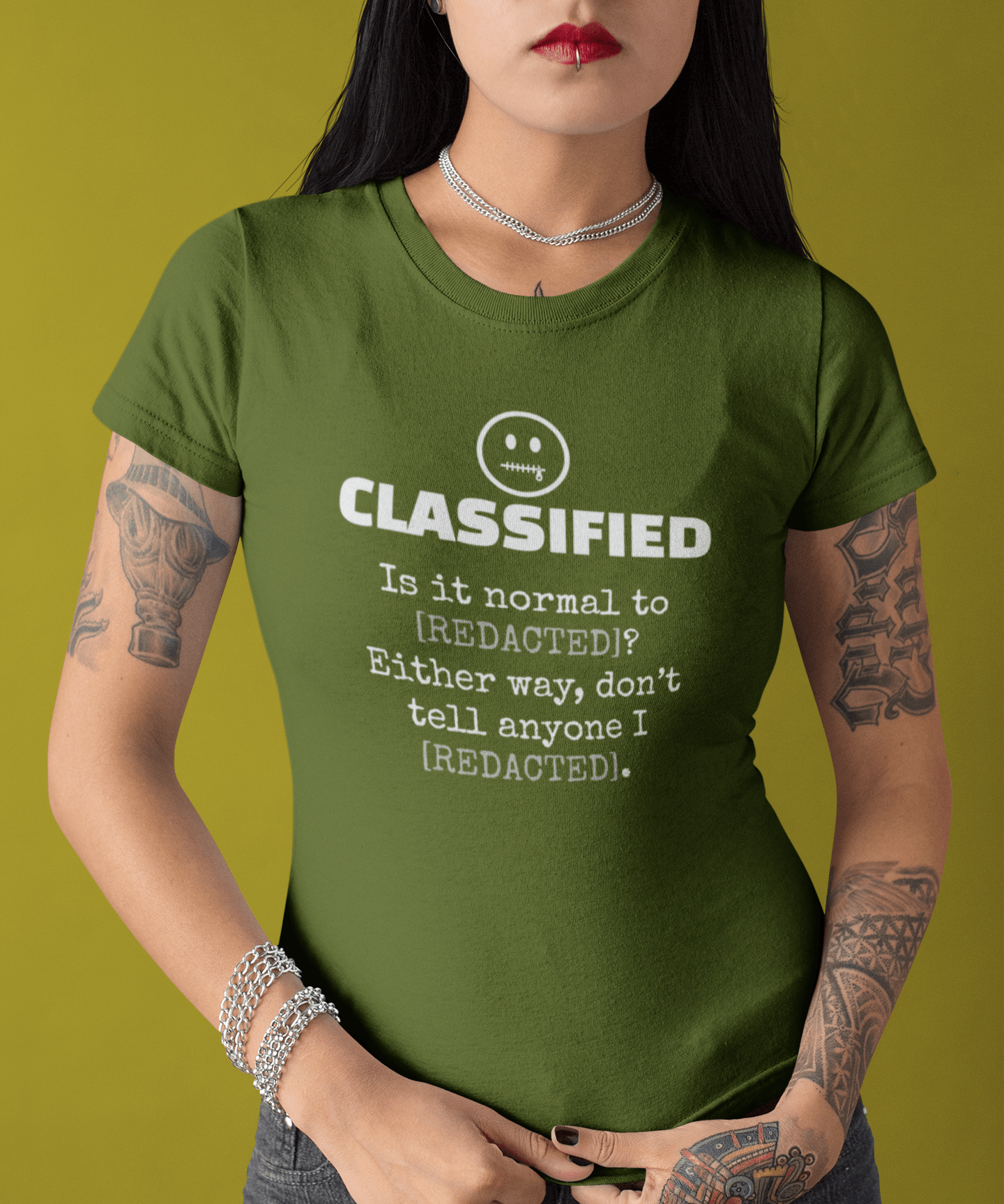 Classified Redacted Questions Tee Absurdist Overthinker Zipper Smile Graphic T-Shirt - Guilty Kick Apparel