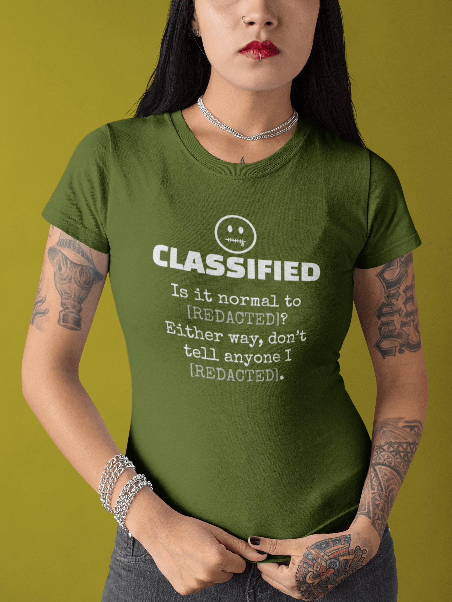 Classified Redacted Questions Tee Absurdist Overthinker Zipper Smile Graphic T-Shirt - Guilty Kick Apparel