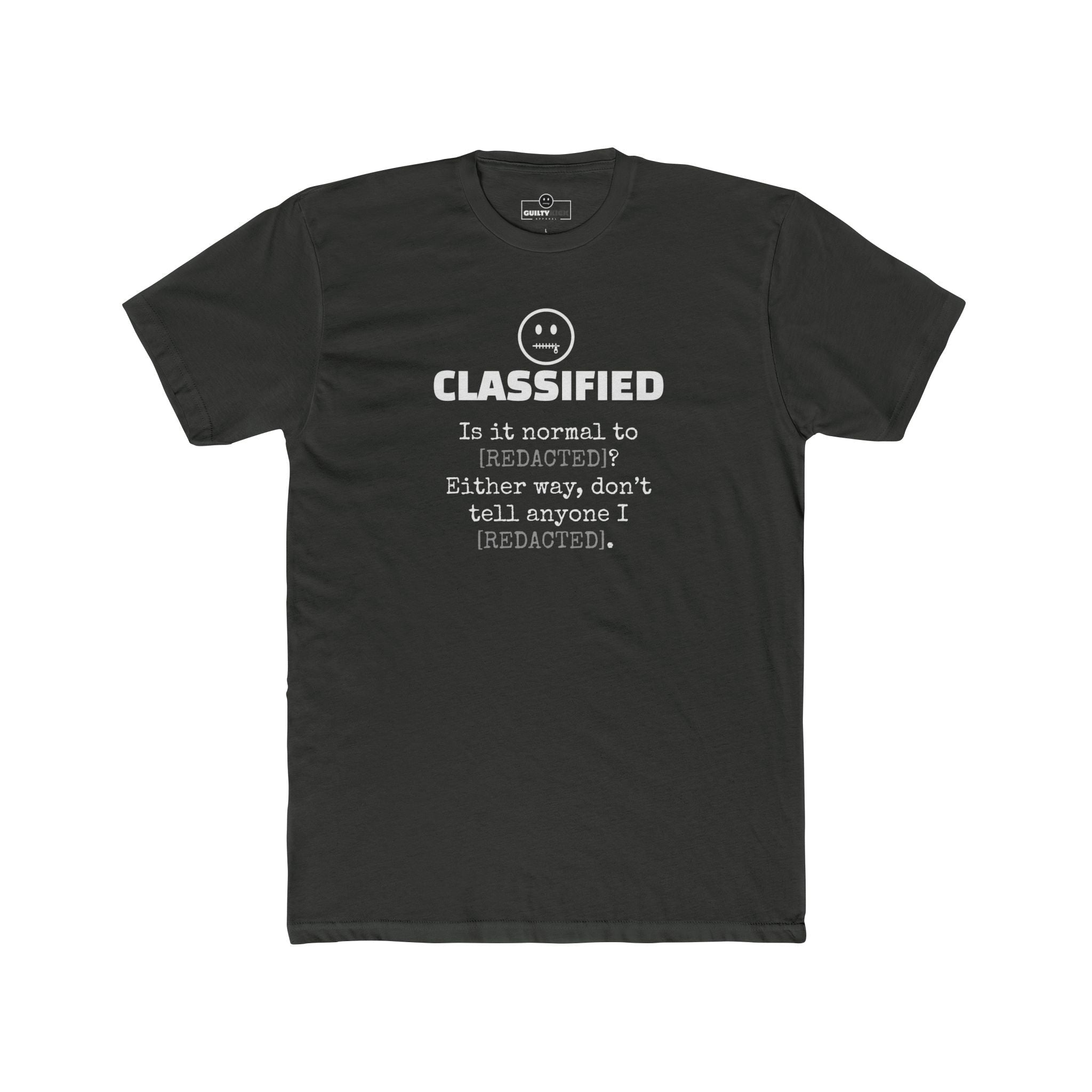 Classified Redacted Questions Tee Absurdist Overthinker Zipper Smile Graphic T-Shirt - Guilty Kick Apparel