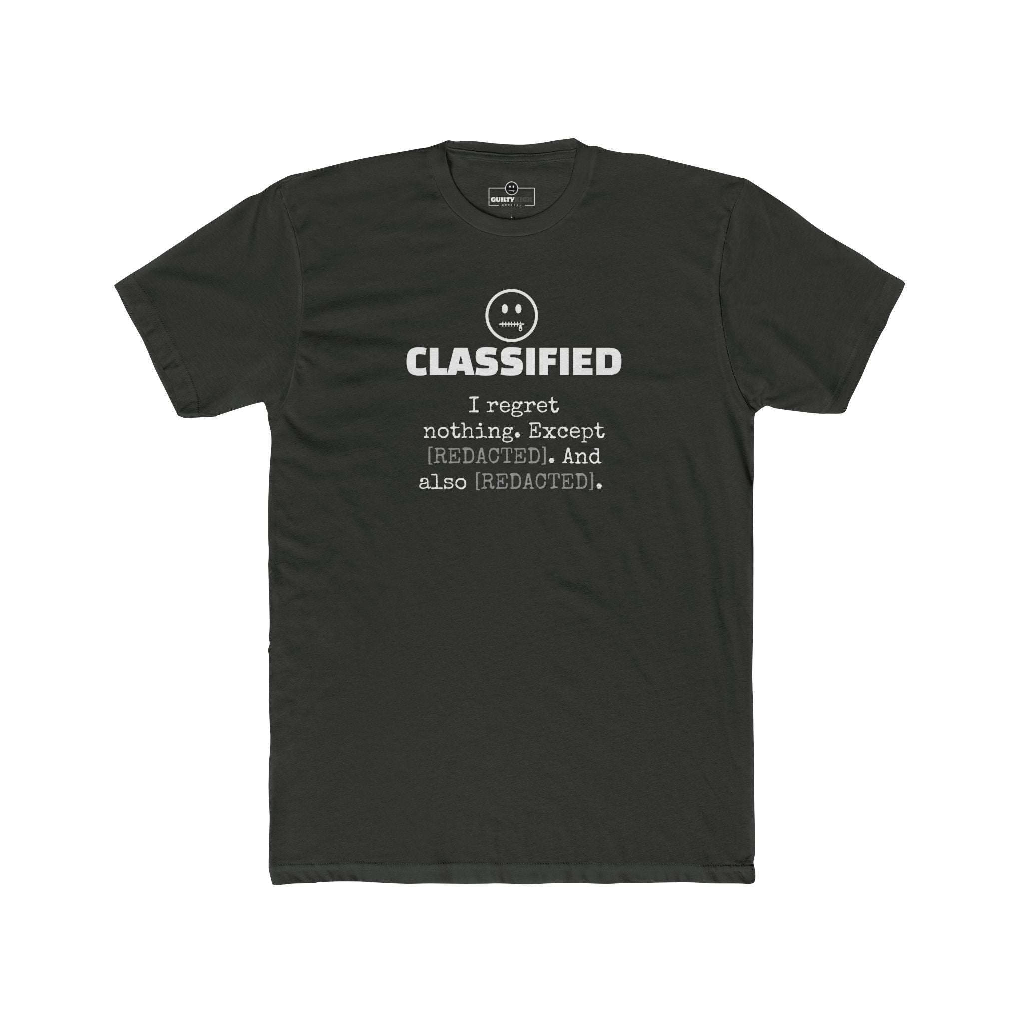 Classified Redacted Regrets Tee Absurdist Introvert Zipper Smile Graphic T-Shirt - Guilty Kick Apparel
