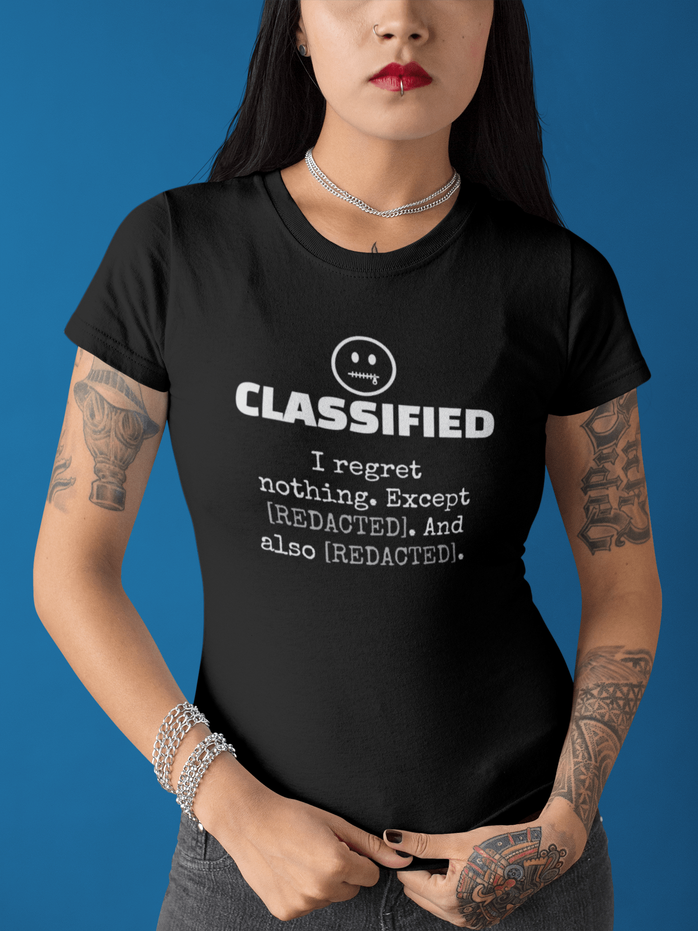 Classified Redacted Regrets Tee Absurdist Introvert Zipper Smile Graphic T-Shirt - Guilty Kick Apparel