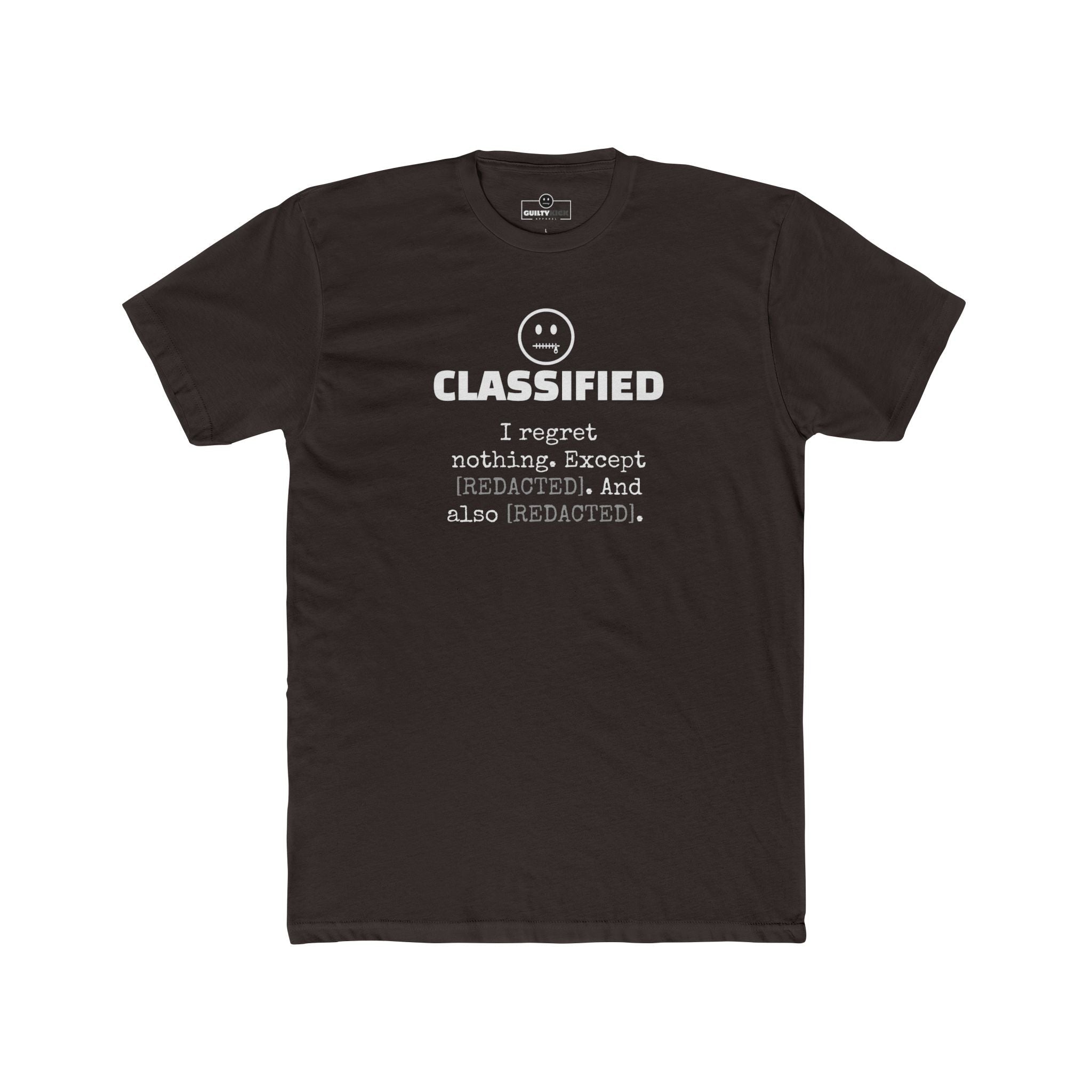 Classified Redacted Regrets Tee Absurdist Introvert Zipper Smile Graphic T-Shirt - Guilty Kick Apparel