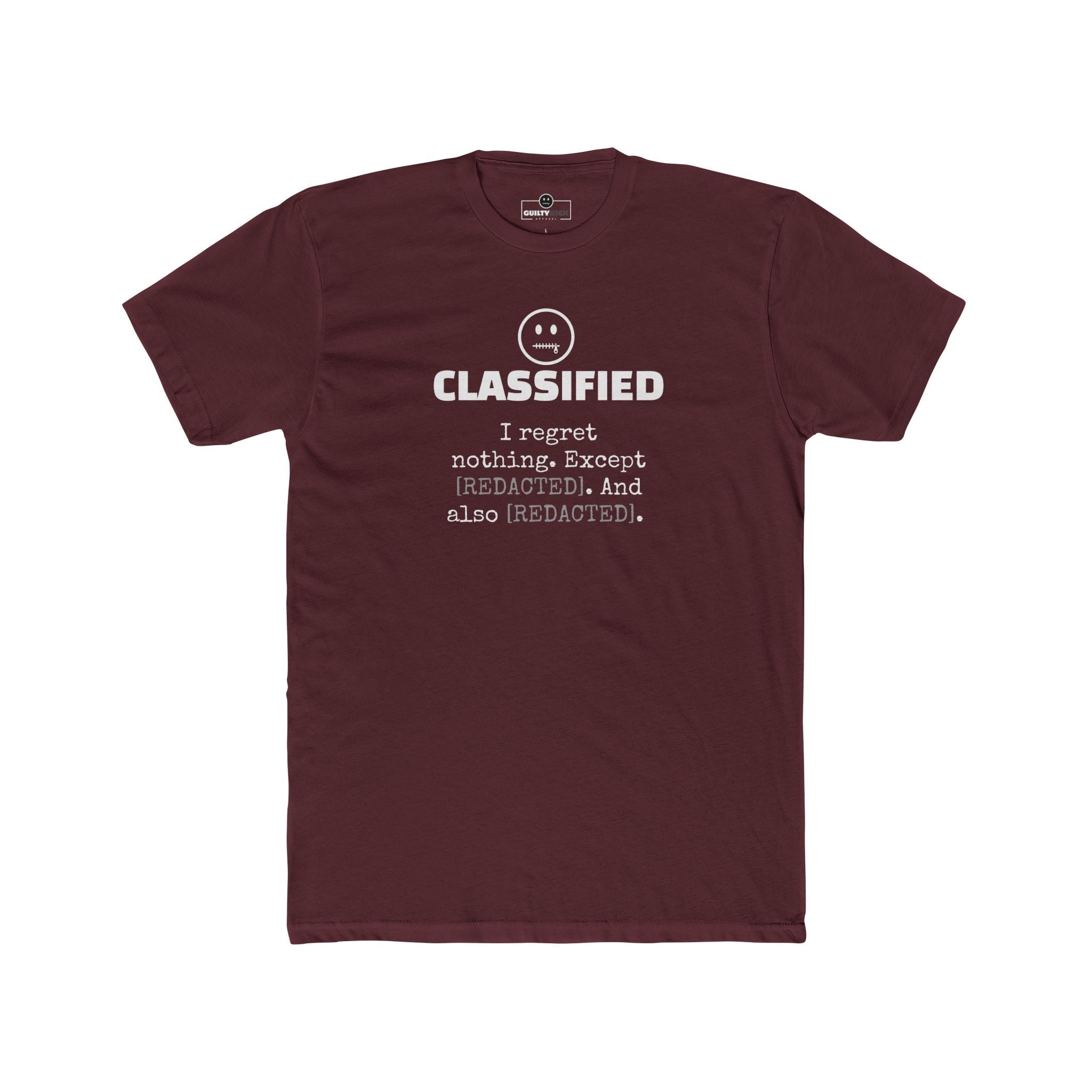 Classified Redacted Regrets Tee Absurdist Introvert Zipper Smile Graphic T-Shirt - Guilty Kick Apparel