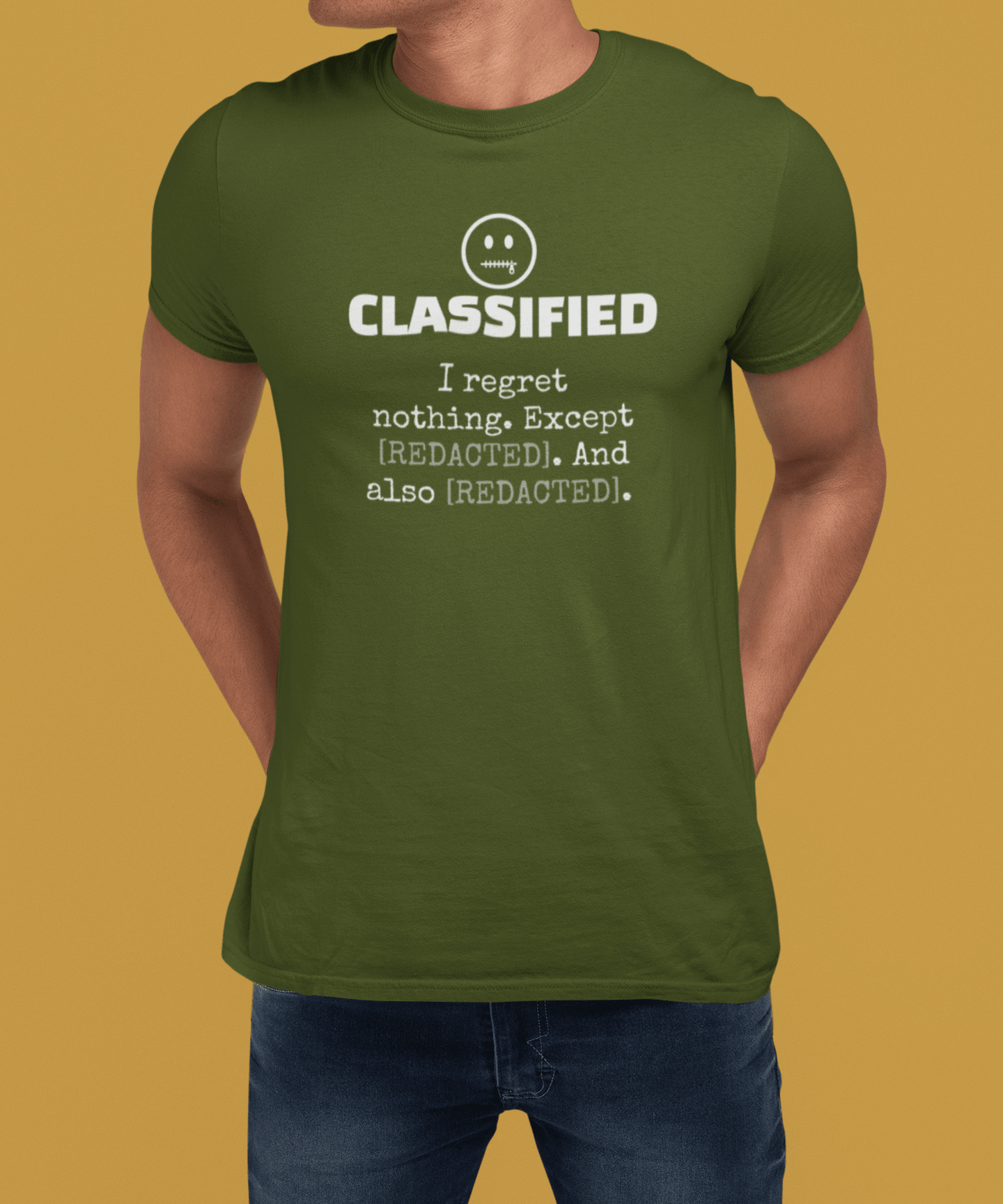 Classified Redacted Regrets Tee Absurdist Introvert Zipper Smile Graphic T-Shirt - Guilty Kick Apparel