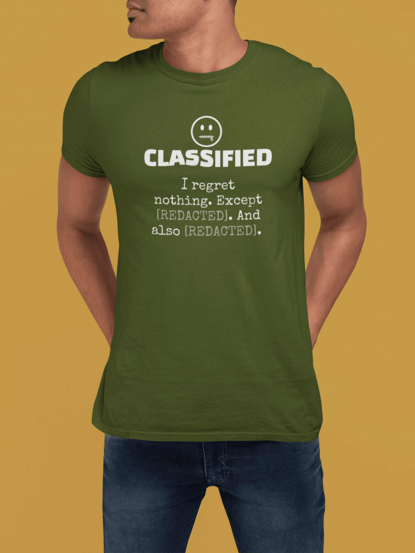 Classified Redacted Regrets Tee Absurdist Introvert Zipper Smile Graphic T-Shirt - Guilty Kick Apparel