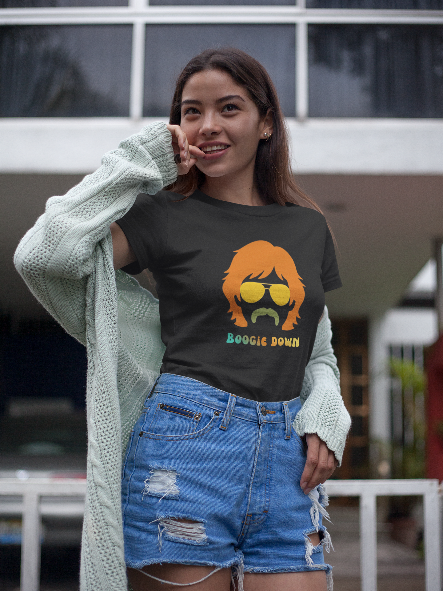 Retro 70s Boogie Down Graphic Tee Vintage Aviators & Mustache Shag Hair Style