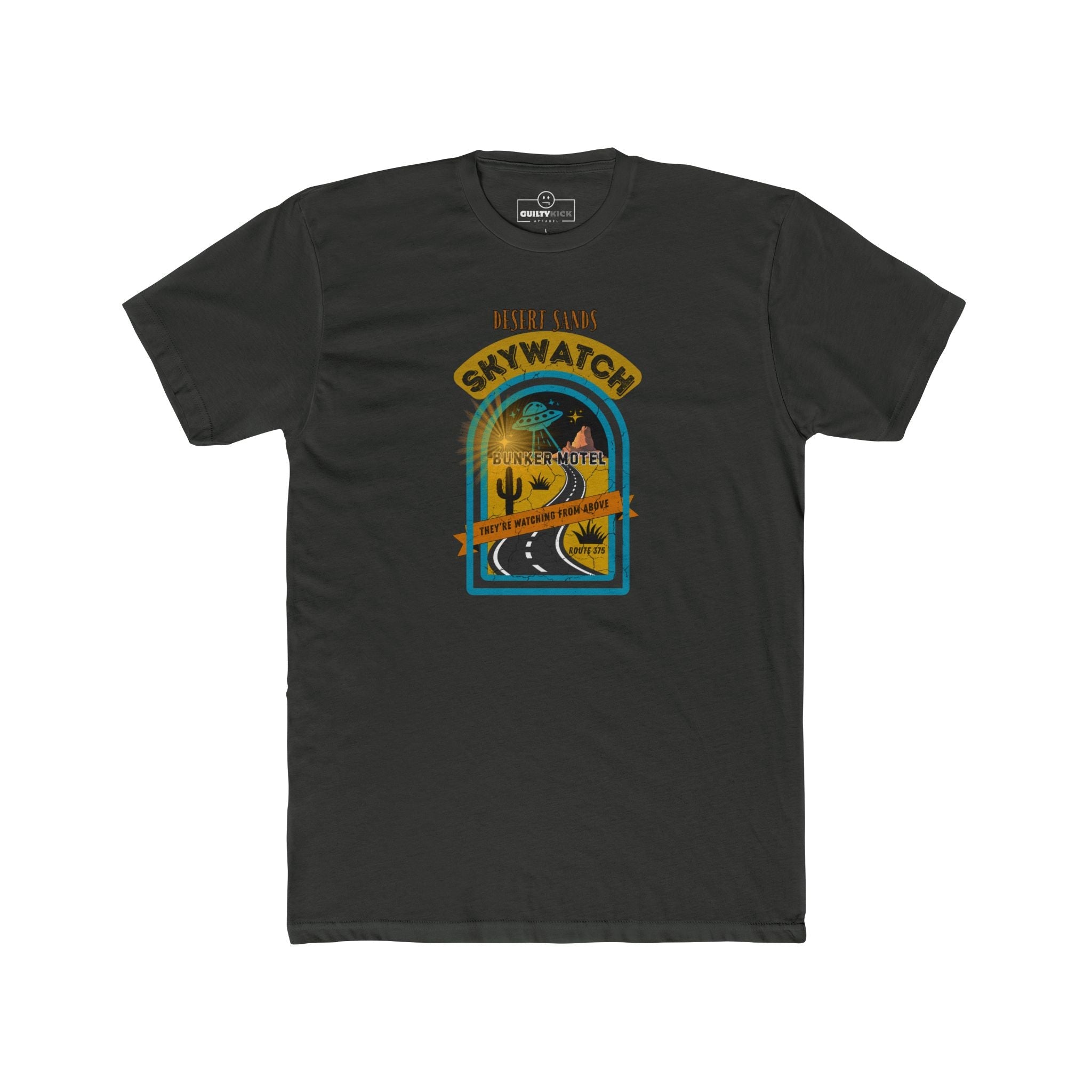 Desert Sands Skywatch Bunker Motel T-Shirt | Vintage Retro UFO Parody Graphic Tee, Funny Sci-Fi Horror Halloween Route 375 Shirt - Guilty Kick Apparel