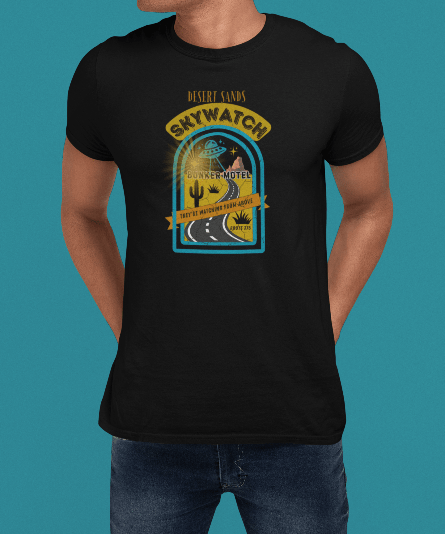 Desert Sands Skywatch Bunker Motel T-Shirt | Vintage Retro UFO Parody Graphic Tee, Funny Sci-Fi Horror Halloween Route 375 Shirt - Guilty Kick Apparel