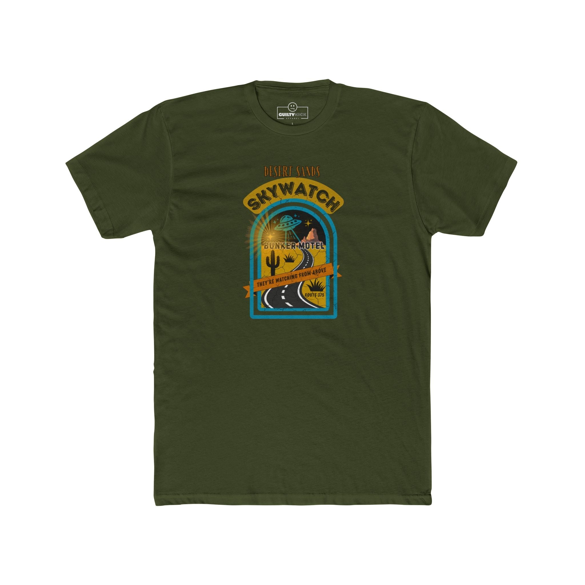 Desert Sands Skywatch Bunker Motel T-Shirt | Vintage Retro UFO Parody Graphic Tee, Funny Sci-Fi Horror Halloween Route 375 Shirt - Guilty Kick Apparel
