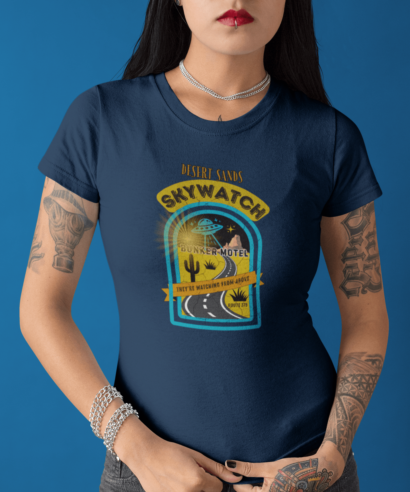 Desert Sands Skywatch Bunker Motel T-Shirt | Vintage Retro UFO Parody Graphic Tee, Funny Sci-Fi Horror Halloween Route 375 Shirt - Guilty Kick Apparel