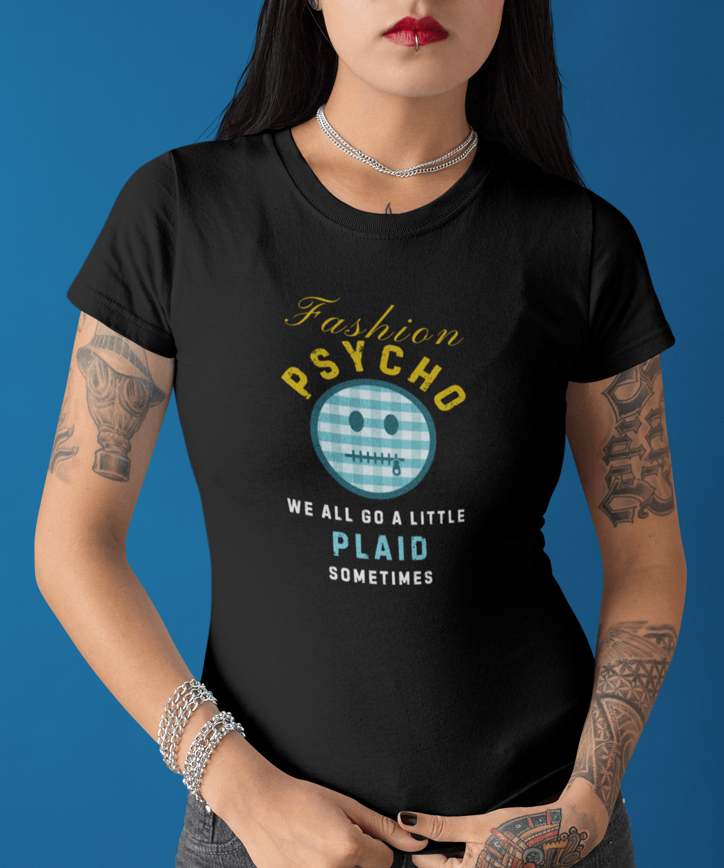 Fashion Psycho Plaid Graphic T-Shirt | Funny Halloween Movie Parody Horror Tee - Guilty Kick Apparel