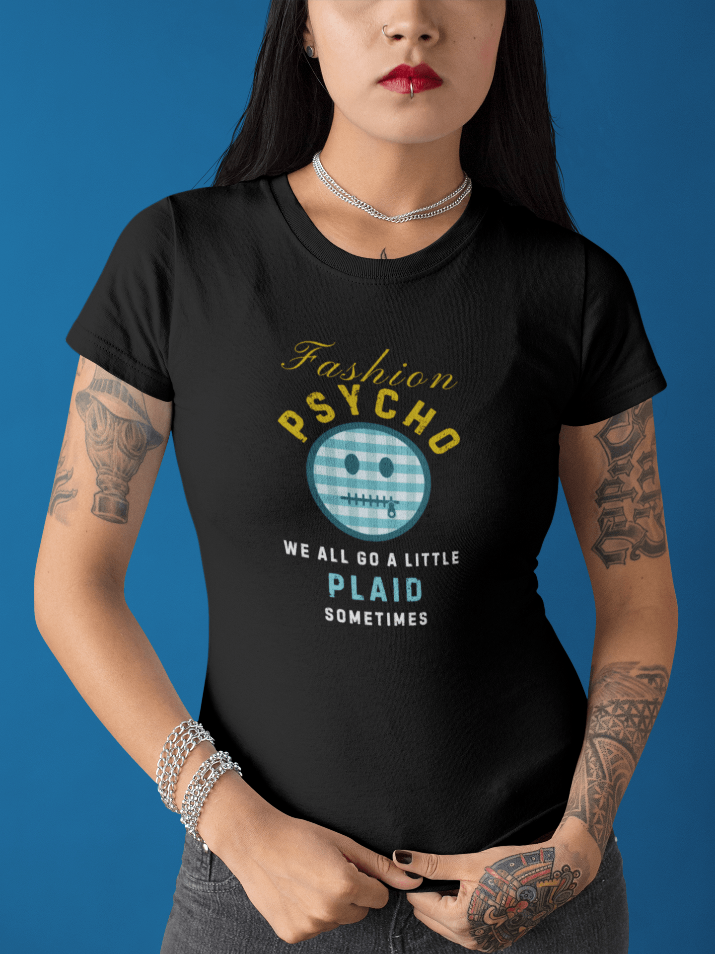 Fashion Psycho Plaid Graphic T-Shirt | Funny Halloween Movie Parody Horror Tee - Guilty Kick Apparel