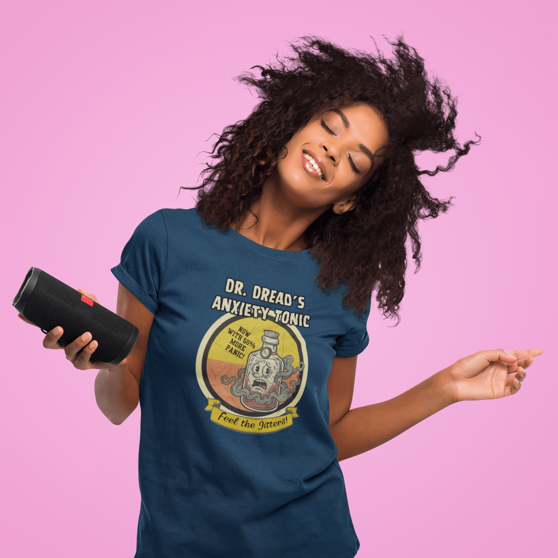 Feel The Jitters - Dr. Dread's Anxiety Tonic Funny Retro Mascot T-Shirt - Guilty Kick Apparel