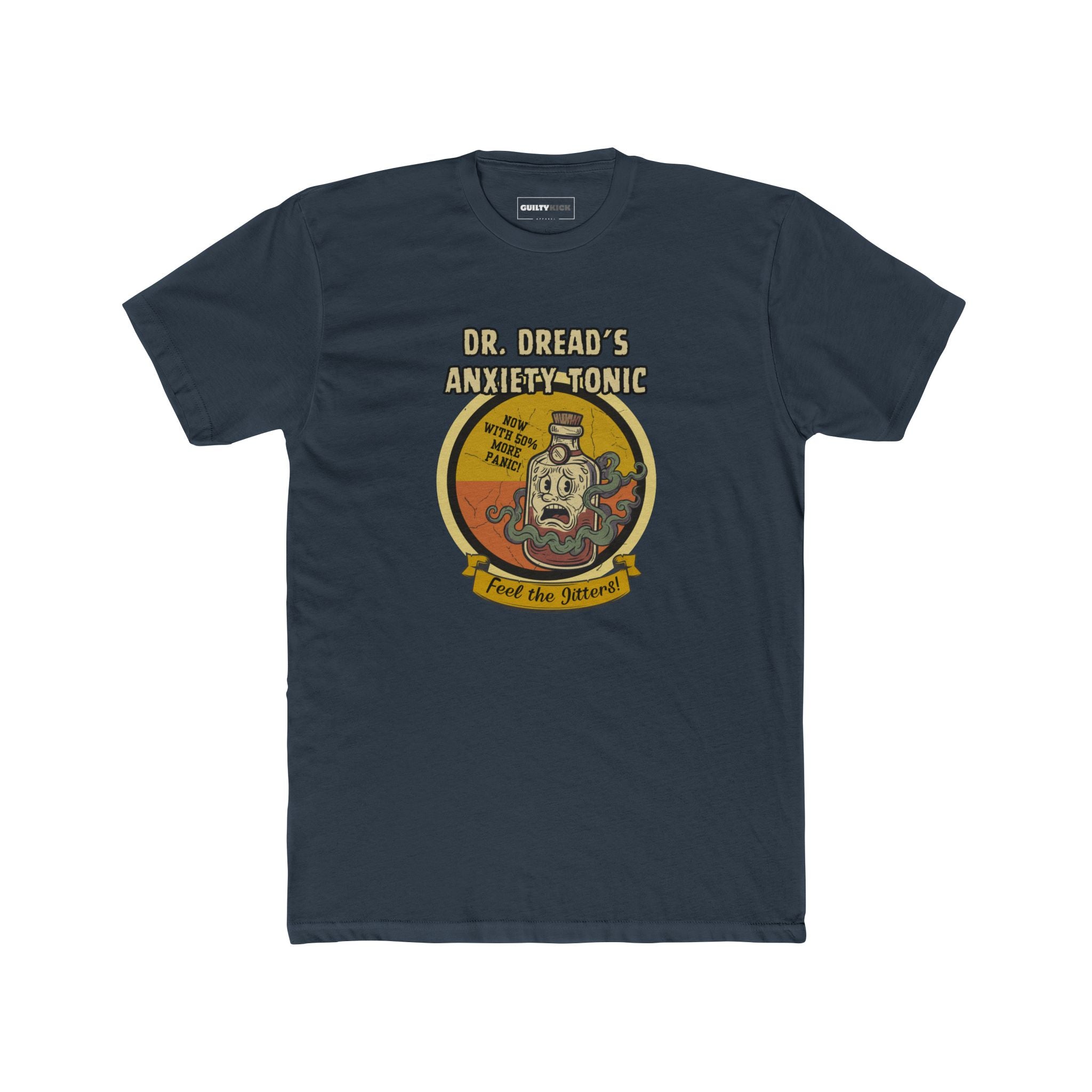 Feel The Jitters - Dr. Dread's Anxiety Tonic Funny Retro Mascot T-Shirt - Guilty Kick Apparel