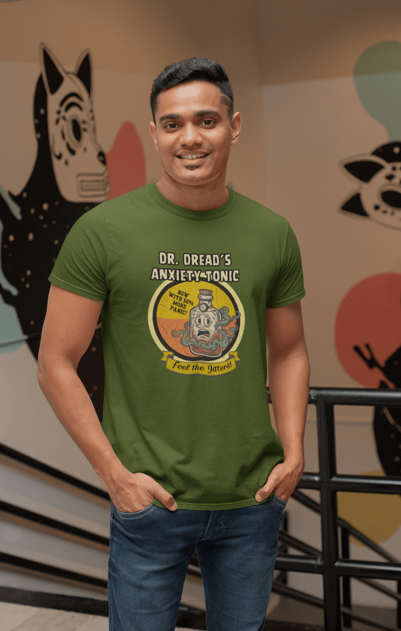 Feel The Jitters - Dr. Dread's Anxiety Tonic Funny Retro Mascot T-Shirt - Guilty Kick Apparel