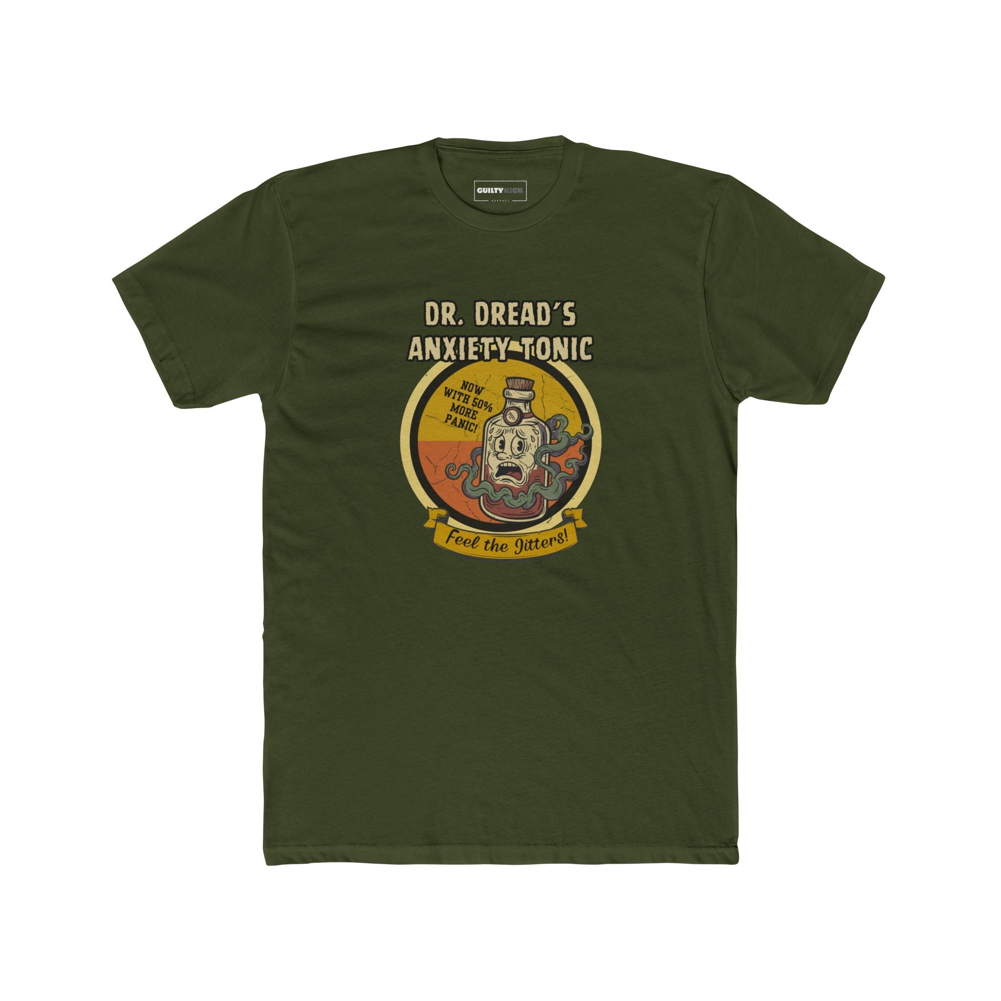 Feel The Jitters - Dr. Dread's Anxiety Tonic Funny Retro Mascot T-Shirt - Guilty Kick Apparel