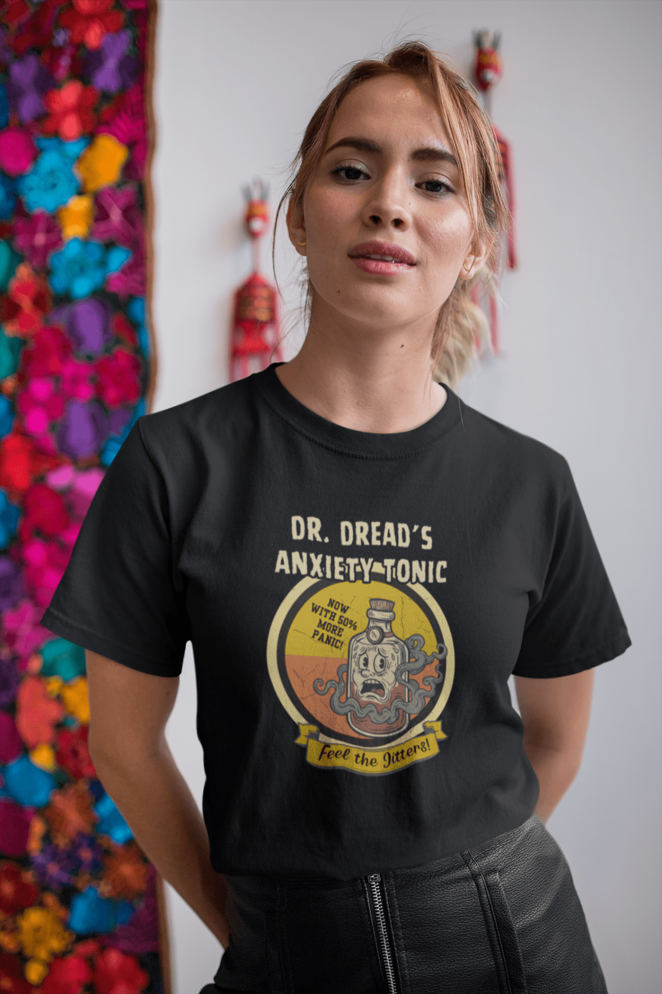 Feel The Jitters - Dr. Dread's Anxiety Tonic Funny Retro Mascot T-Shirt - Guilty Kick Apparel