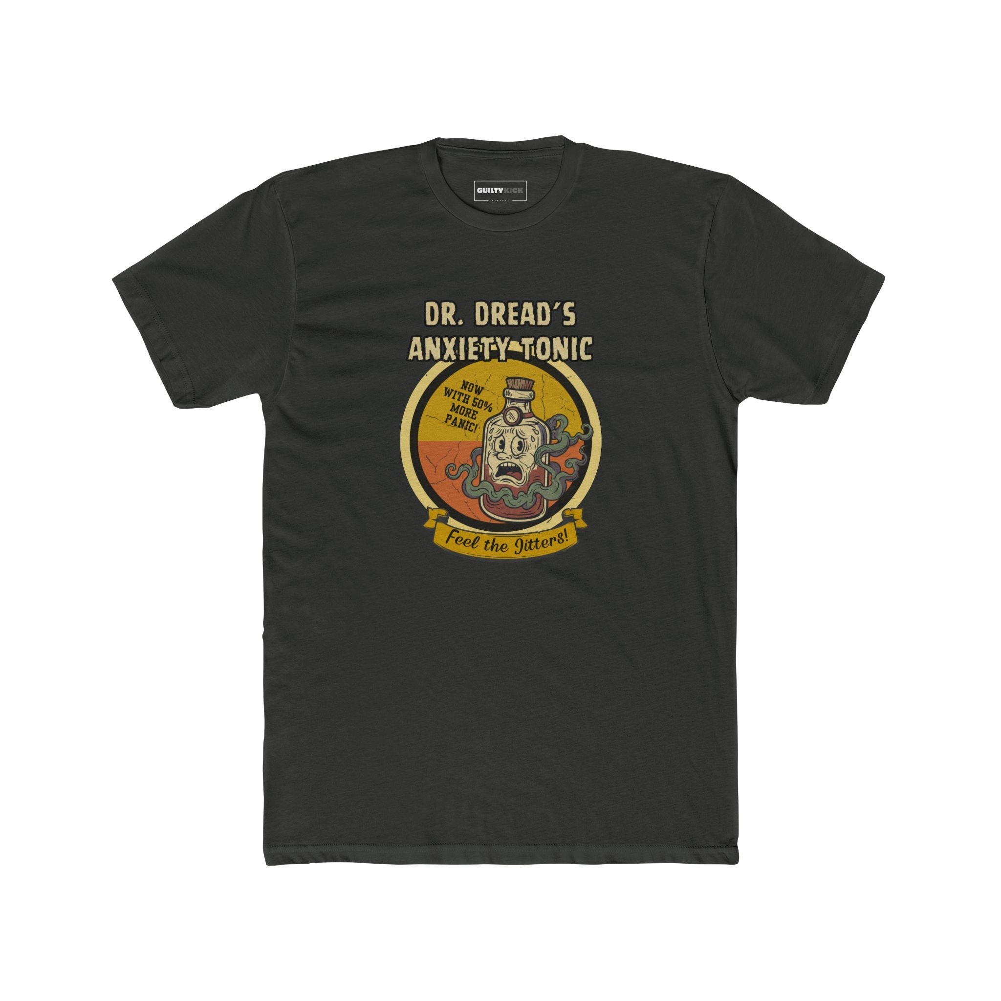 Feel The Jitters - Dr. Dread's Anxiety Tonic Funny Retro Mascot T-Shirt - Guilty Kick Apparel