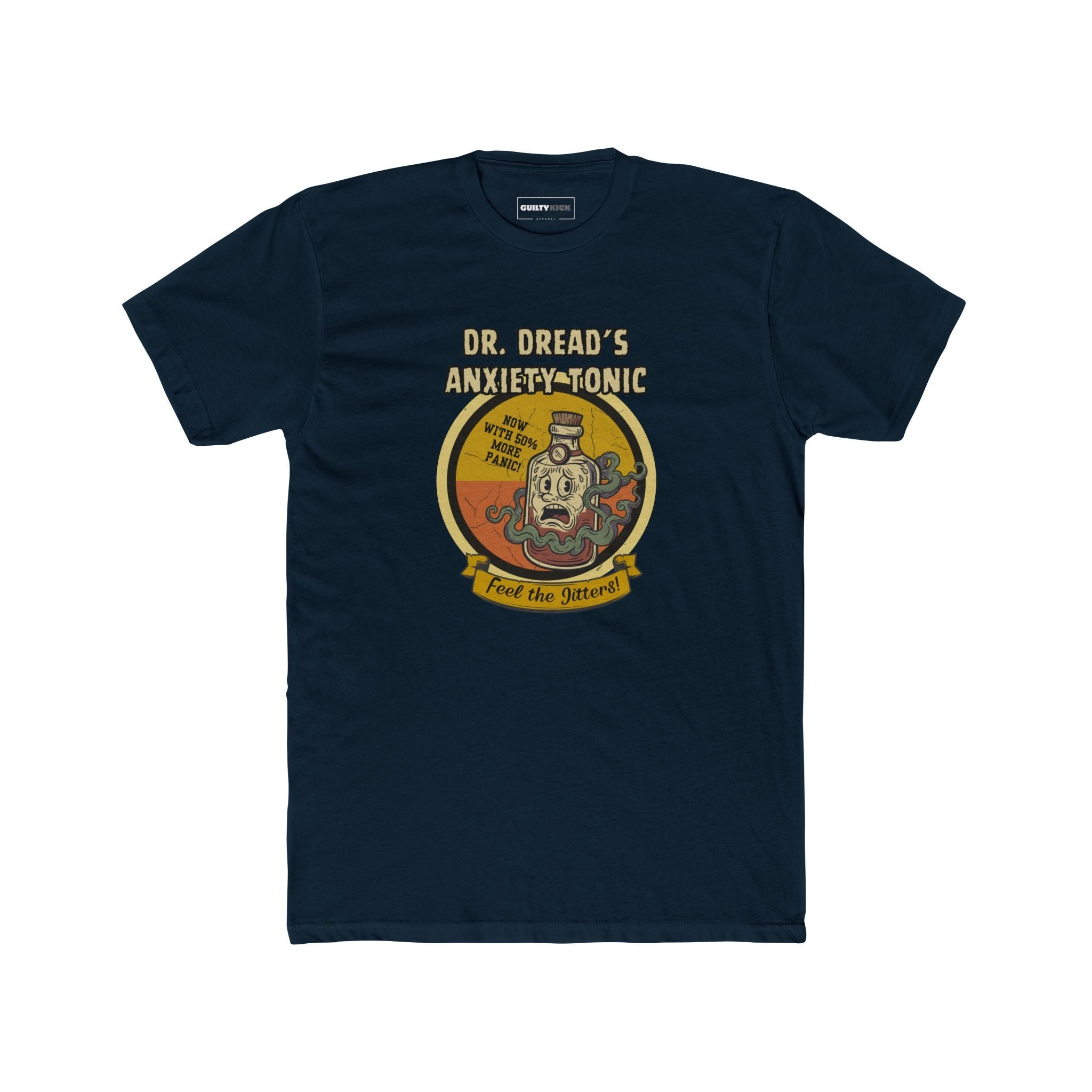 Feel The Jitters - Dr. Dread's Anxiety Tonic Funny Retro Mascot T-Shirt - Guilty Kick Apparel