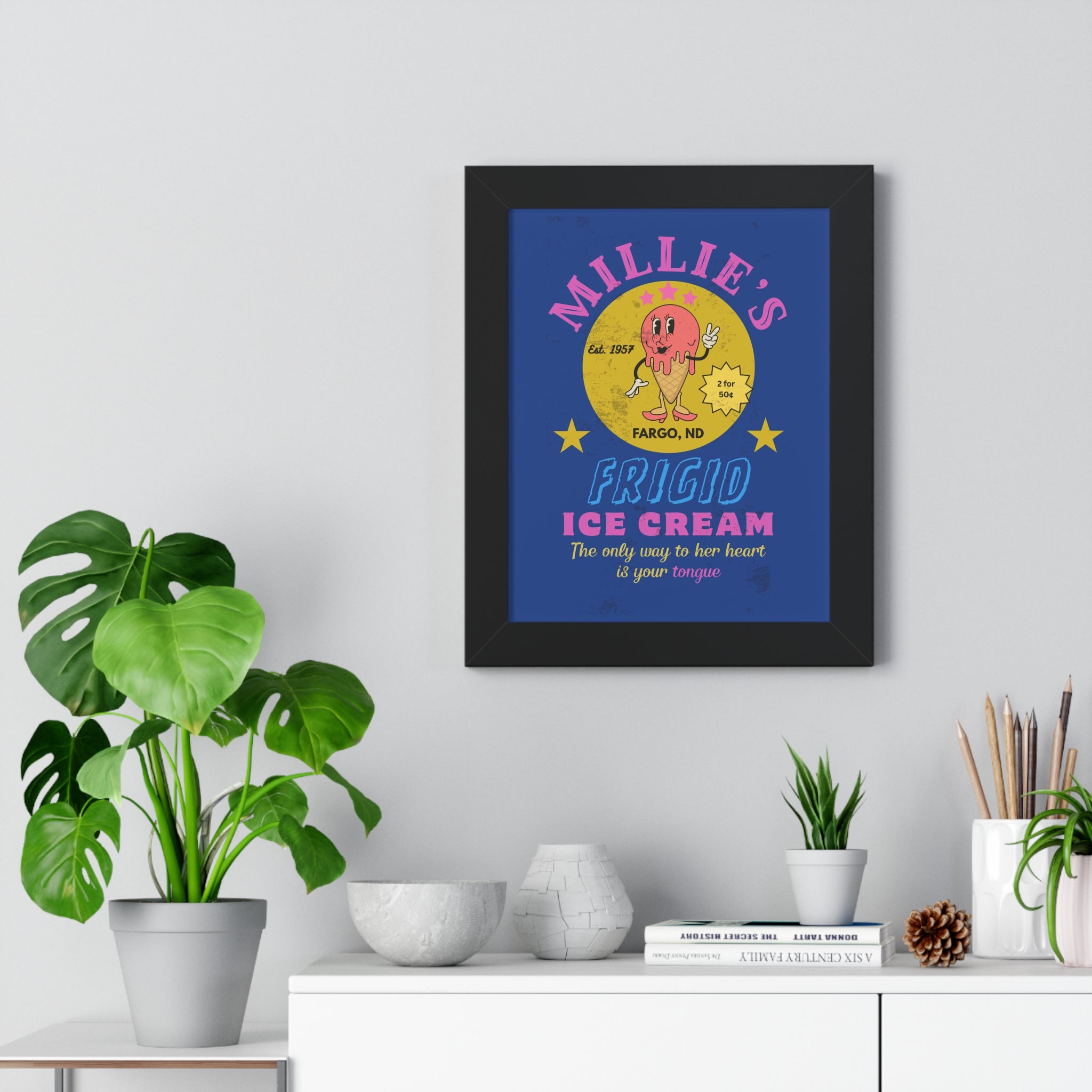 Framed Vertical Poster, Millie's Frigid Ice Cream Vintage Wall Art 1957 - Guilty Kick Apparel