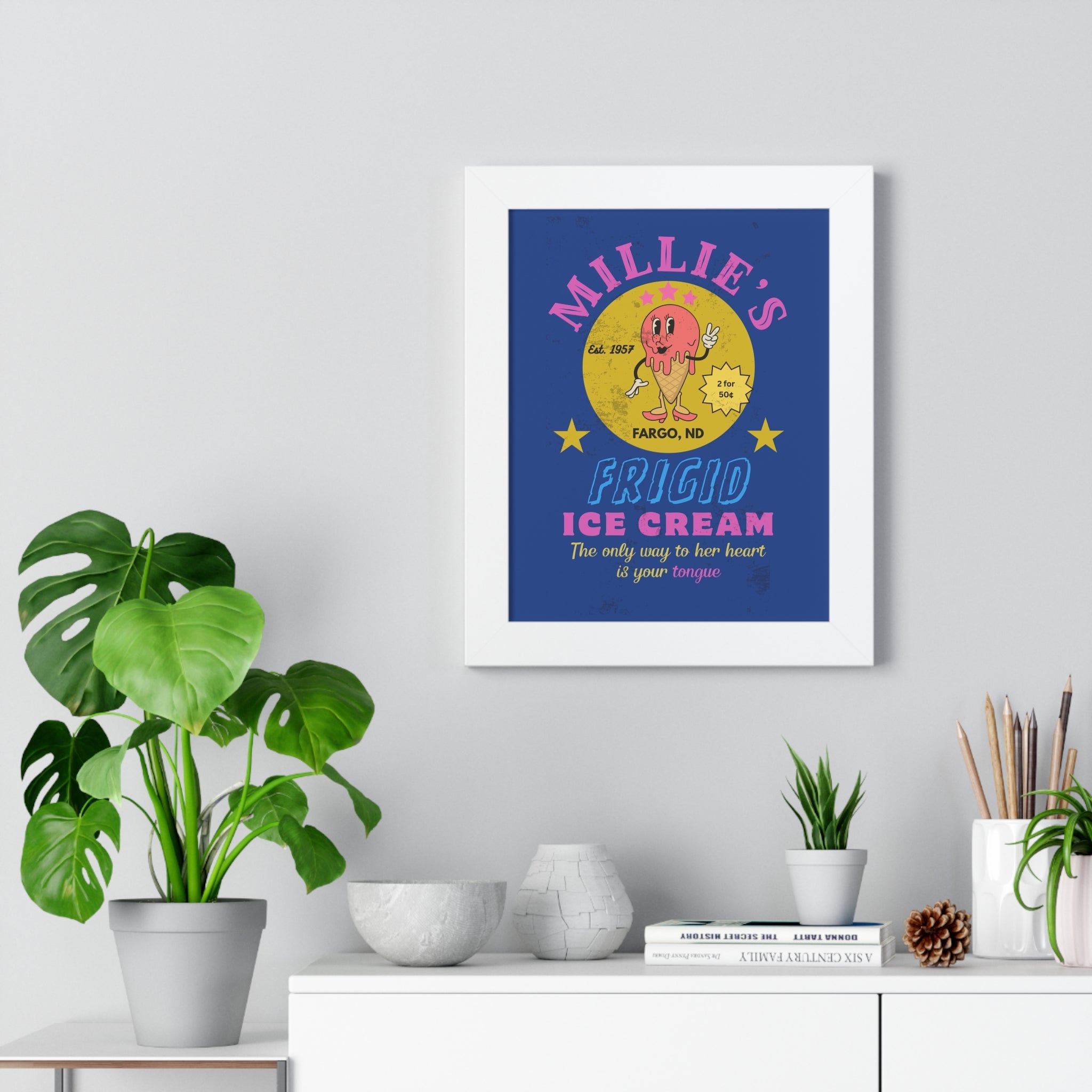 Framed Vertical Poster, Millie's Frigid Ice Cream Vintage Wall Art 1957 - Guilty Kick Apparel