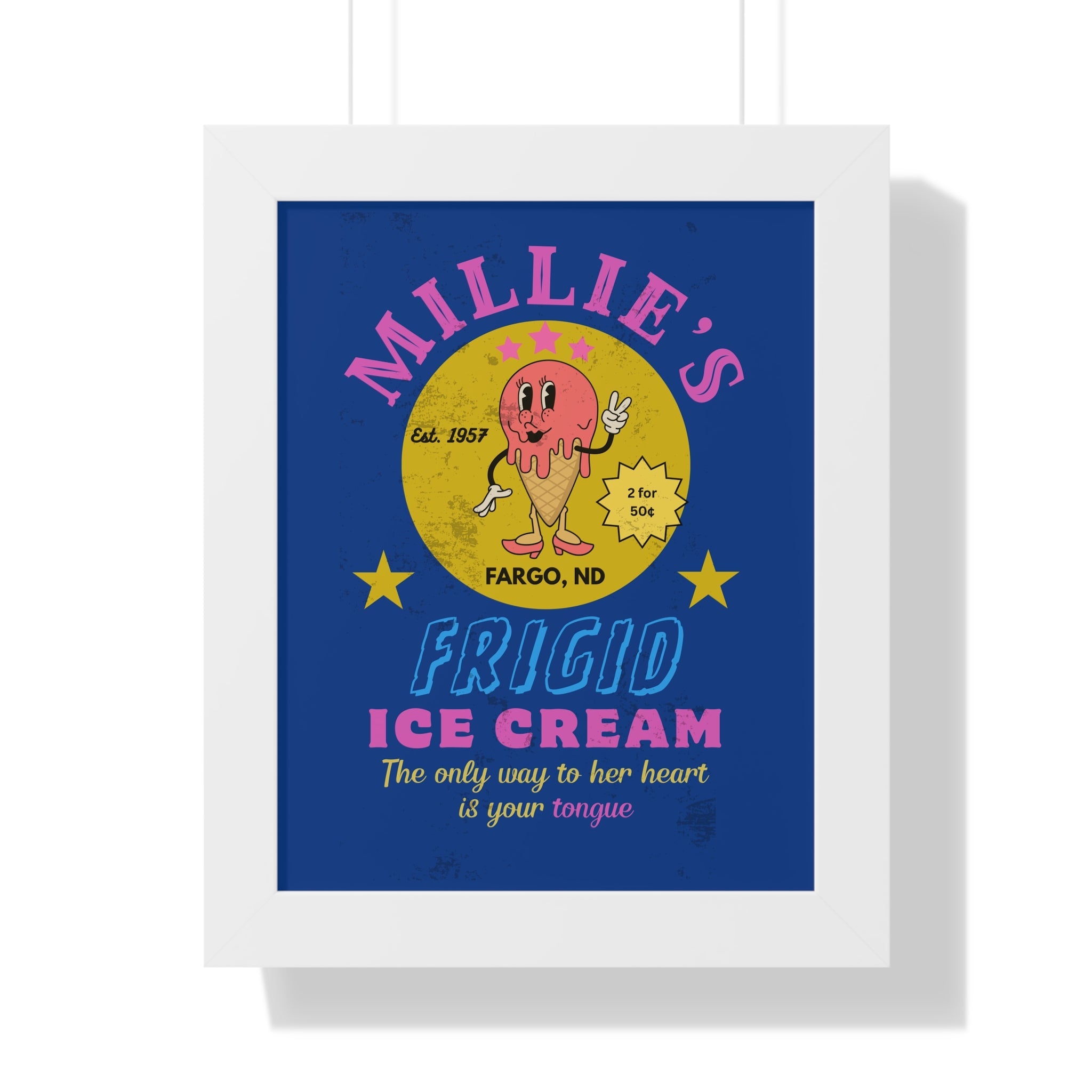 Framed Vertical Poster, Millie's Frigid Ice Cream Vintage Wall Art 1957 - Guilty Kick Apparel
