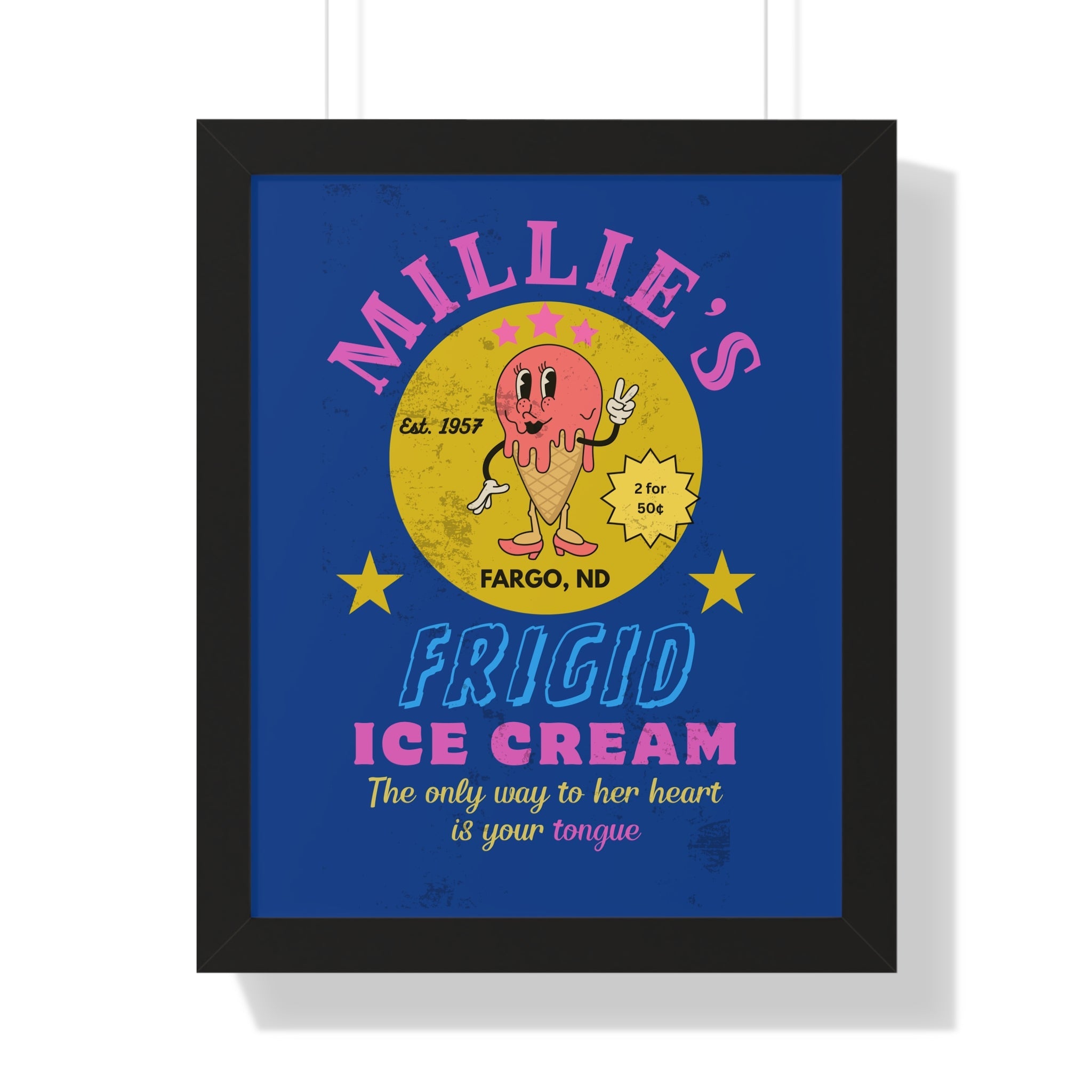 Framed Vertical Poster, Millie's Frigid Ice Cream Vintage Wall Art 1957 - Guilty Kick Apparel
