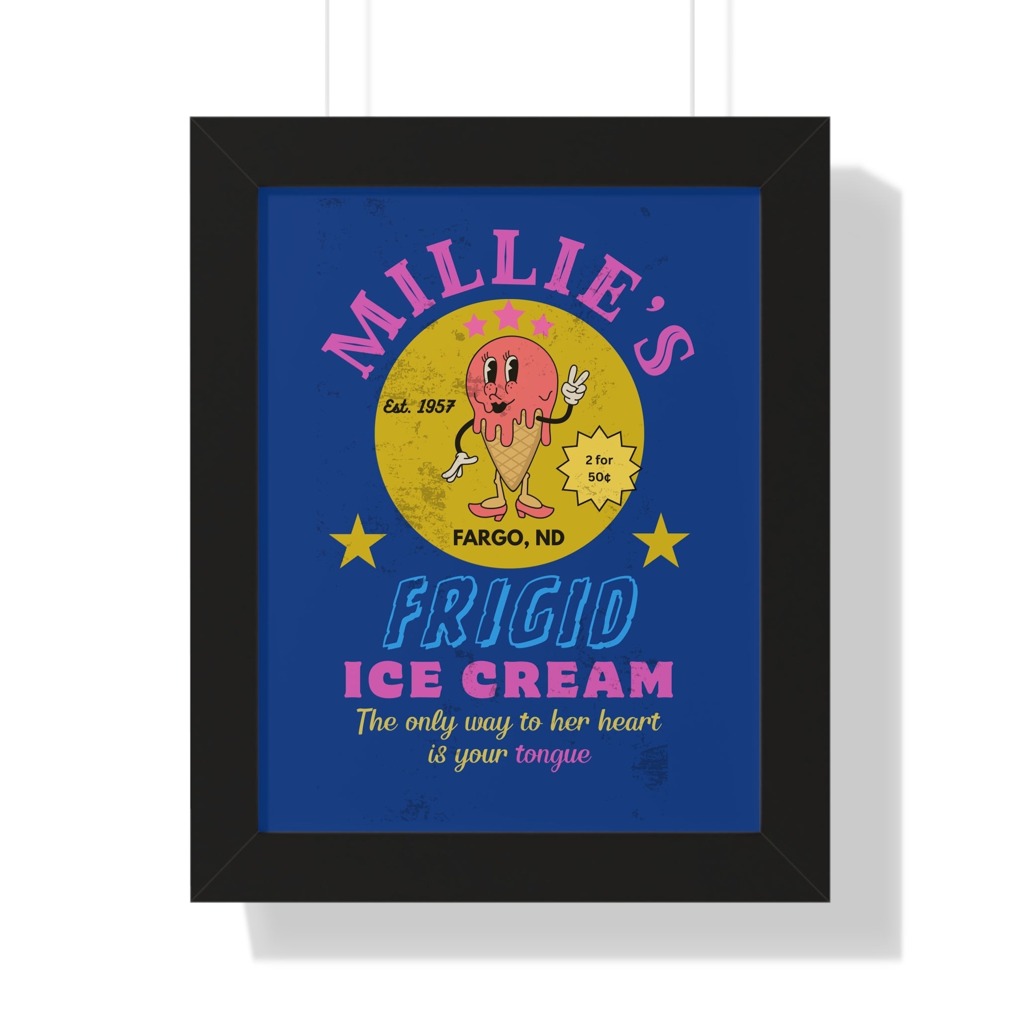 Framed Vertical Poster, Millie's Frigid Ice Cream Vintage Wall Art 1957 - Guilty Kick Apparel