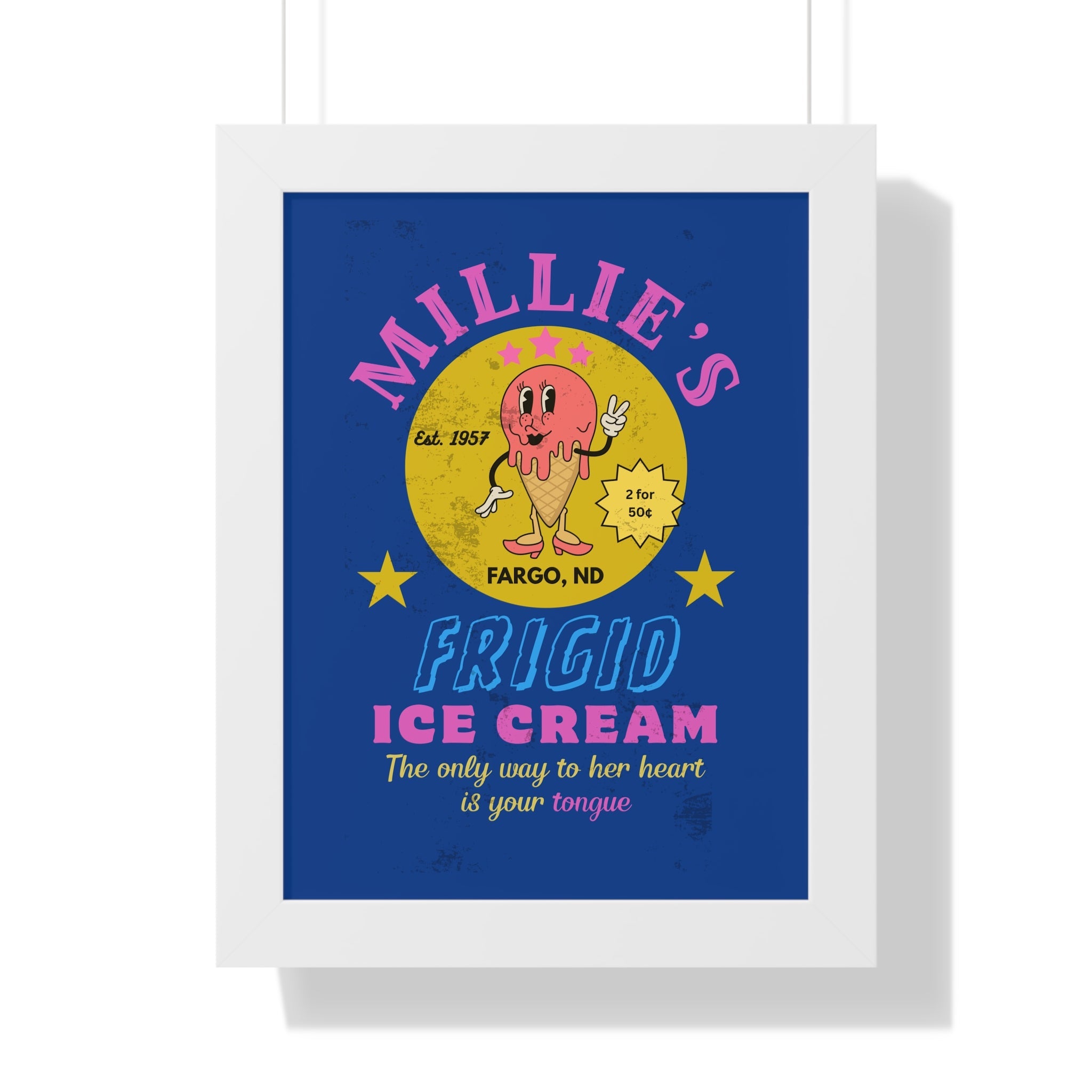 Framed Vertical Poster, Millie's Frigid Ice Cream Vintage Wall Art 1957 - Guilty Kick Apparel
