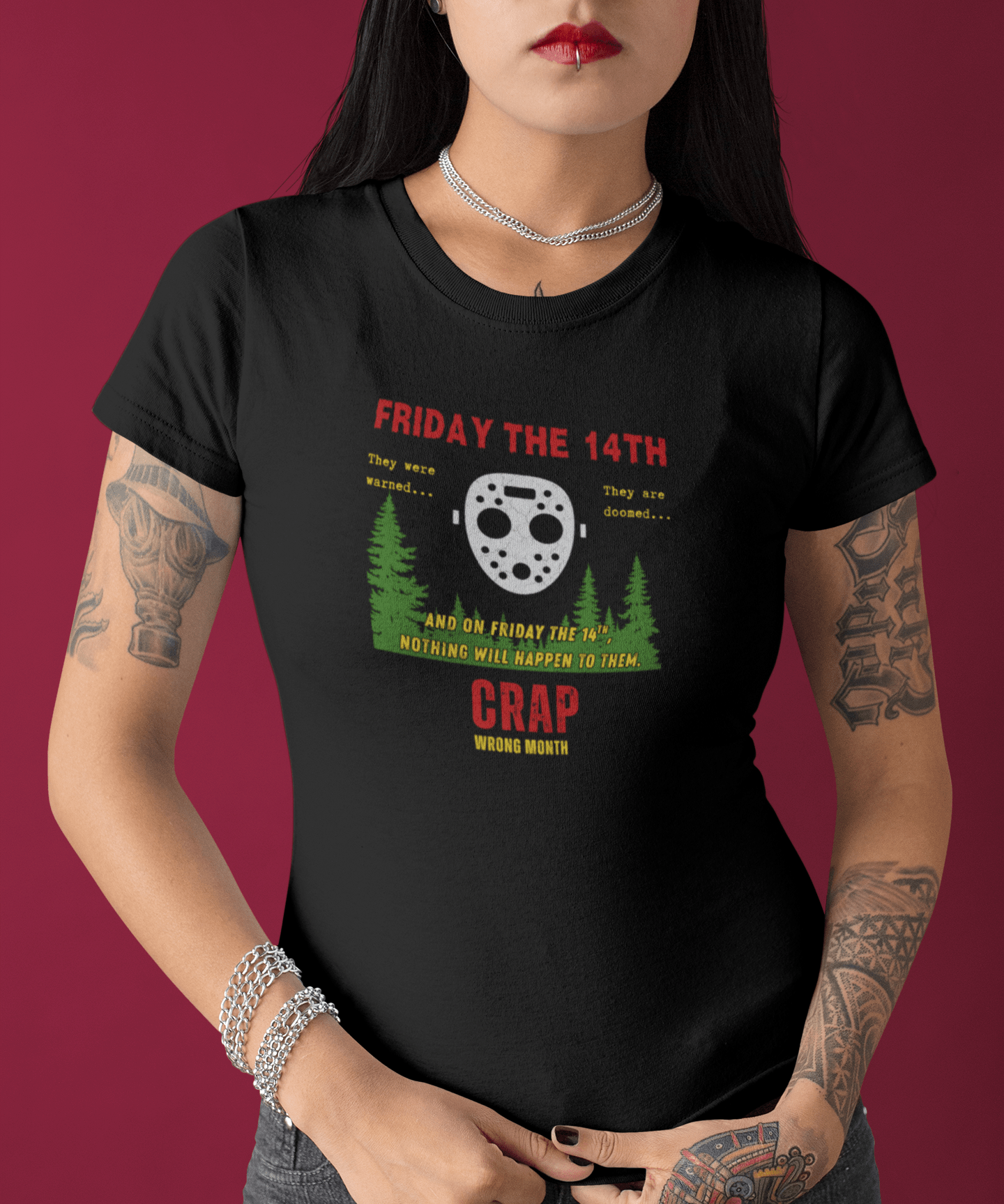 Friday the 14th Crap Wrong Month T-Shirt | Sarcastic Slasher Parody Graphic Tee, Funny Camp Horror Movie Hockey Mask Halloween Shirt - Guilty Kick Apparel