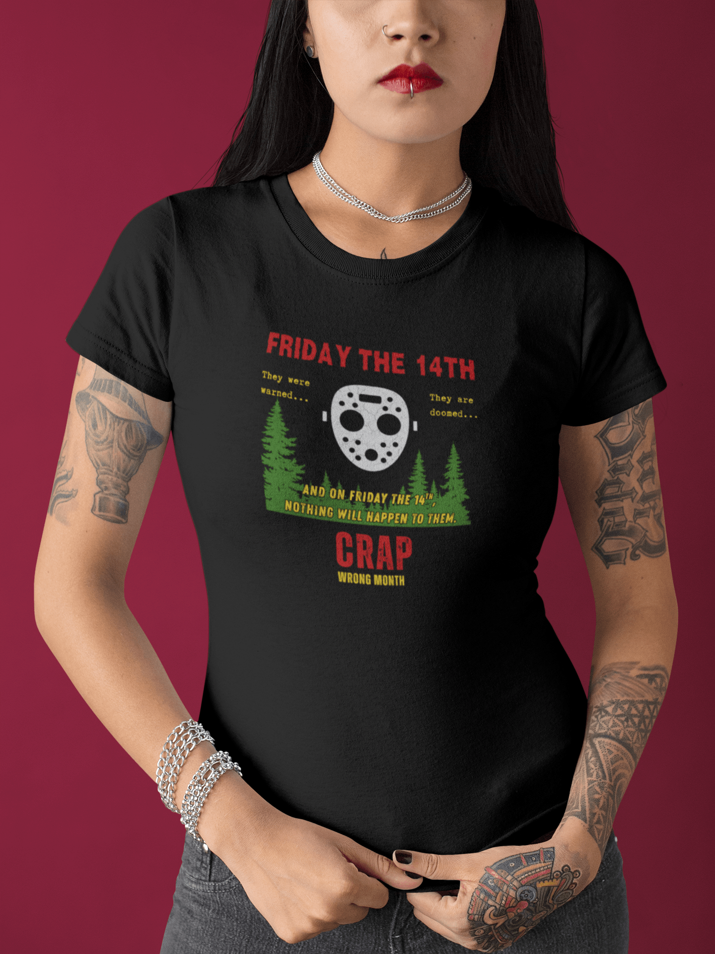 Friday the 14th Crap Wrong Month T-Shirt | Sarcastic Slasher Parody Graphic Tee, Funny Camp Horror Movie Hockey Mask Halloween Shirt - Guilty Kick Apparel