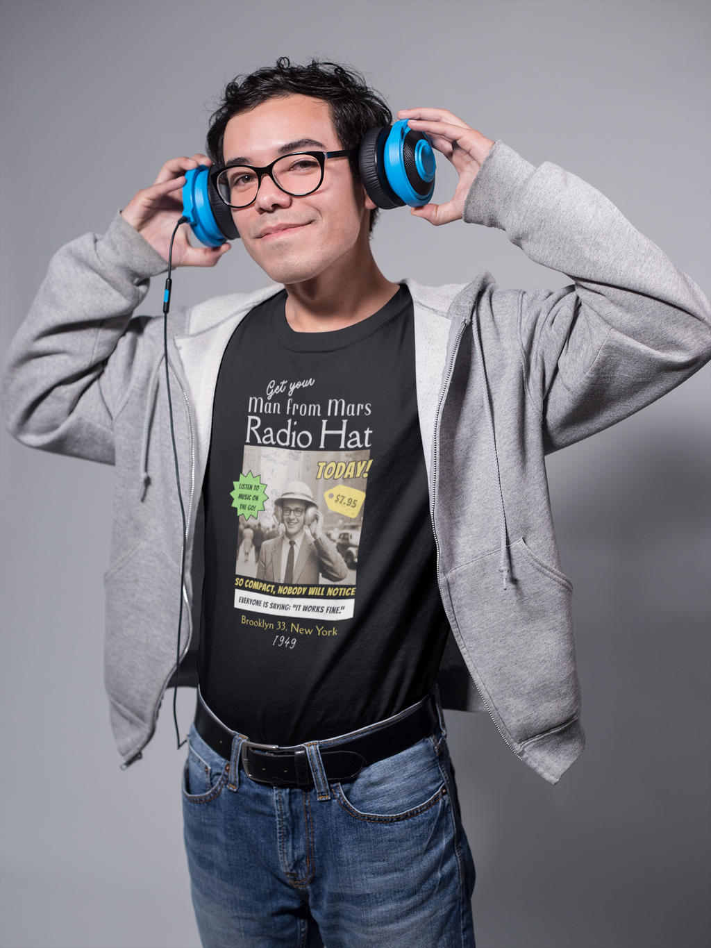 Vintage Radio Hat Man Graphic Tee, 1949 iPod Parody Shirt