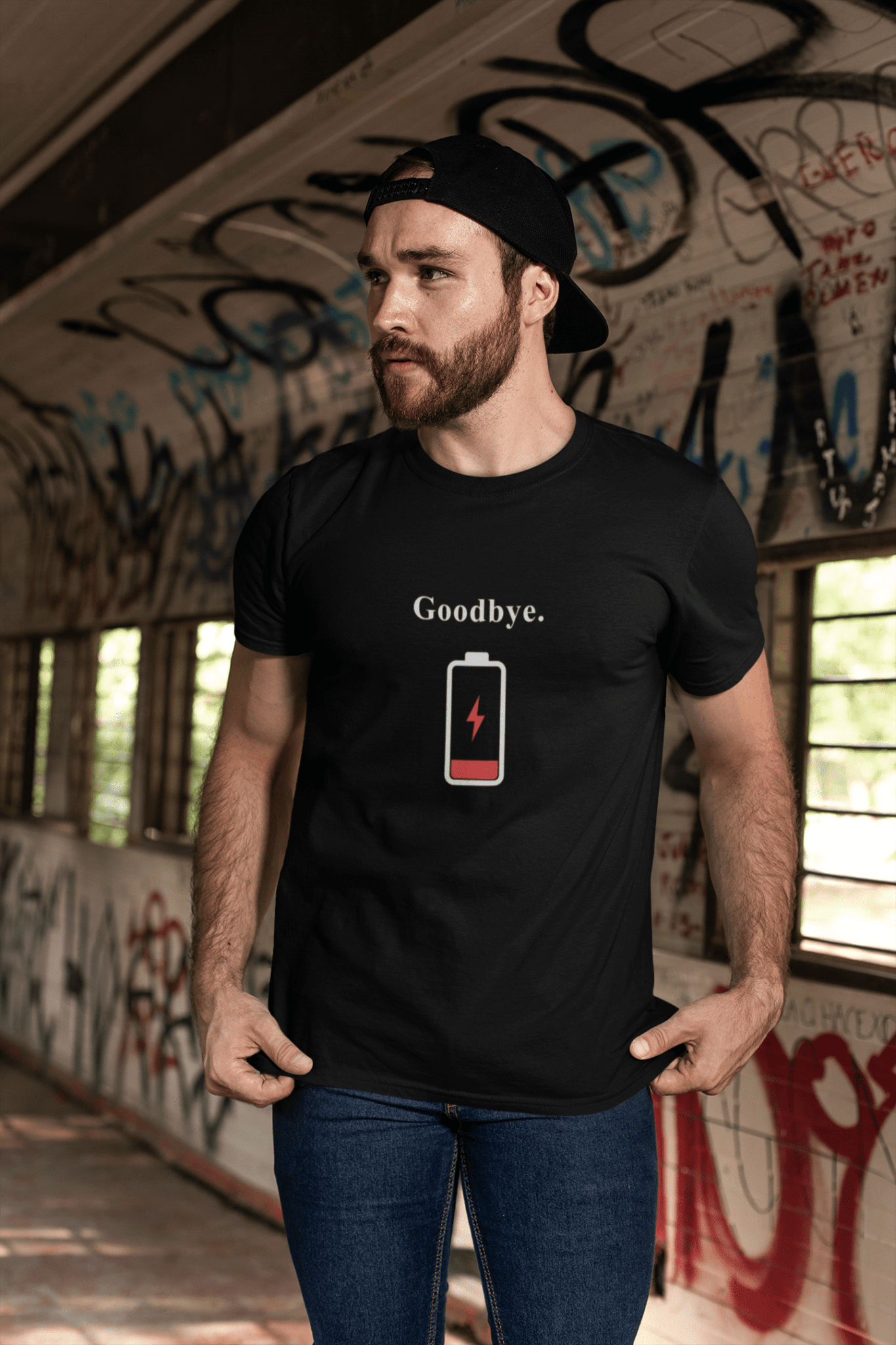Goodbye. Minimalist Low Battery Humorous Graphic T-Shirt - Guilty Kick Apparel
