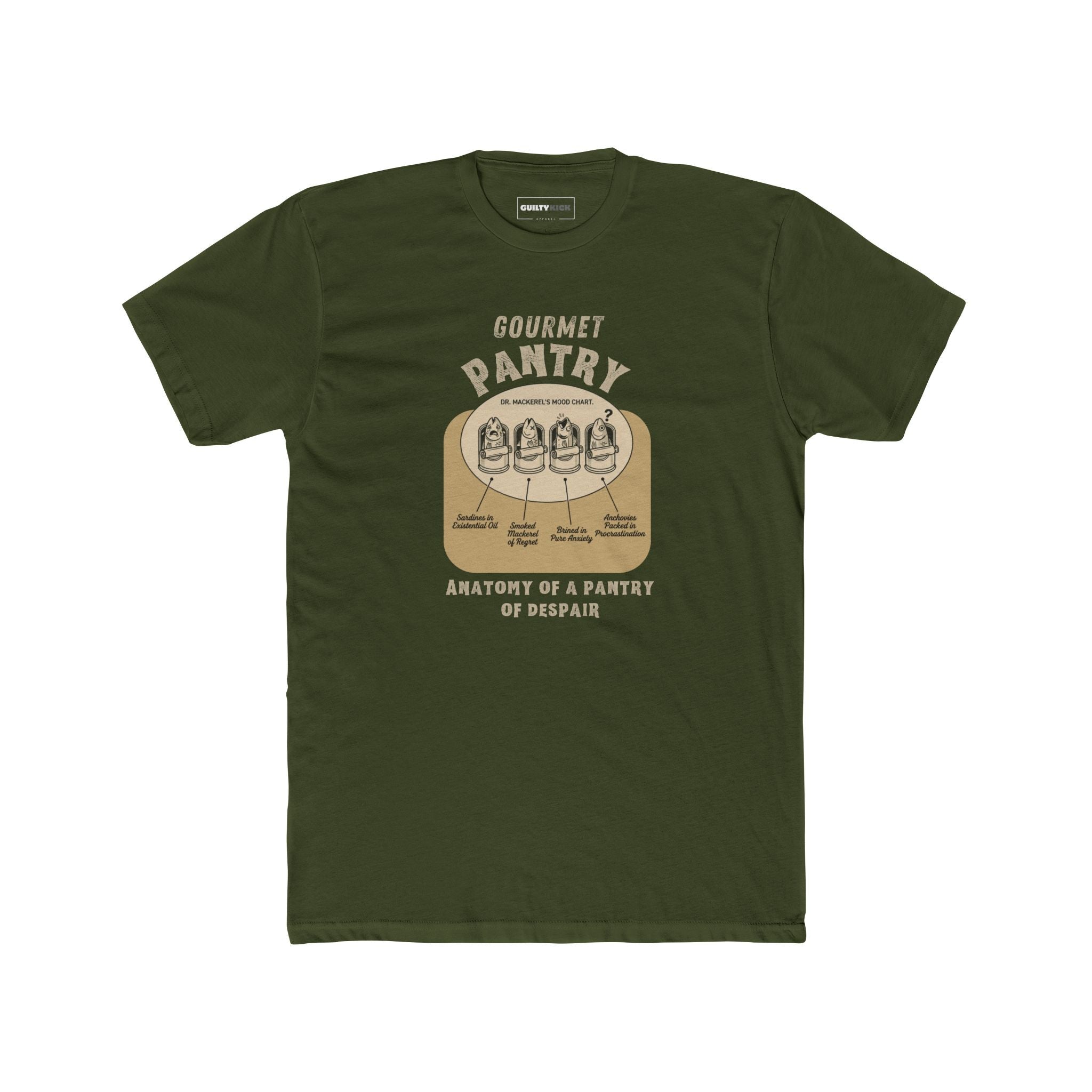 Gourmet Pantry of Despair: Vintage Absurdist Dr. Mackerel Mood Chart T-Shirt - Guilty Kick Apparel