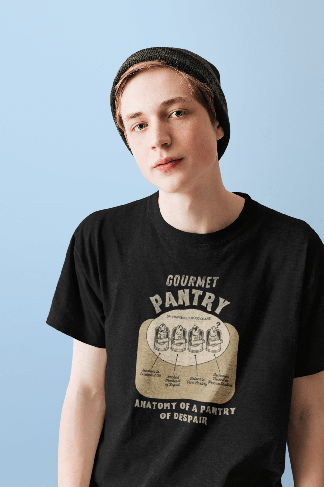 Gourmet Pantry of Despair: Vintage Absurdist Dr. Mackerel Mood Chart T-Shirt - Guilty Kick Apparel