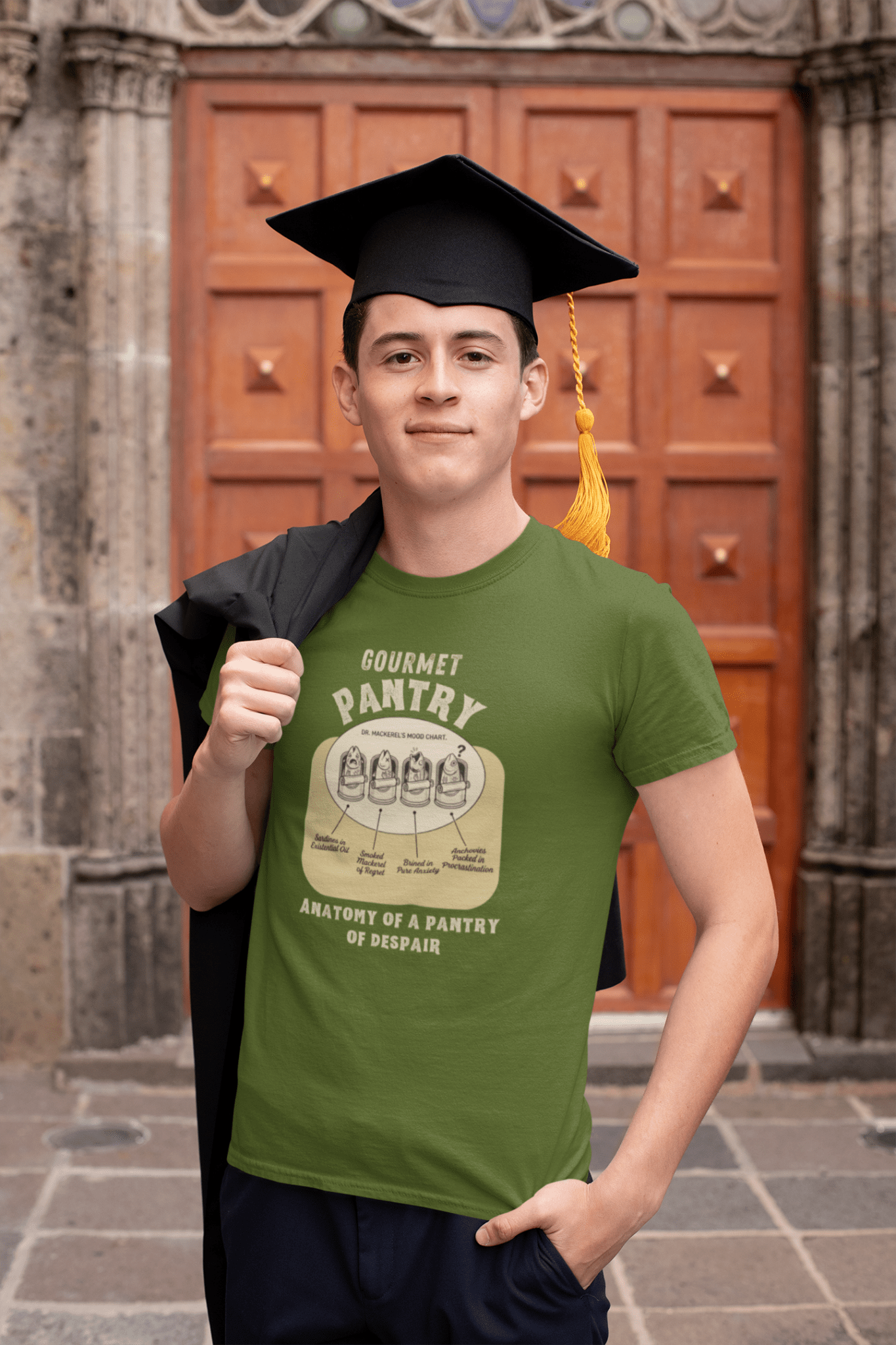 Gourmet Pantry of Despair: Vintage Absurdist Dr. Mackerel Mood Chart T-Shirt - Guilty Kick Apparel