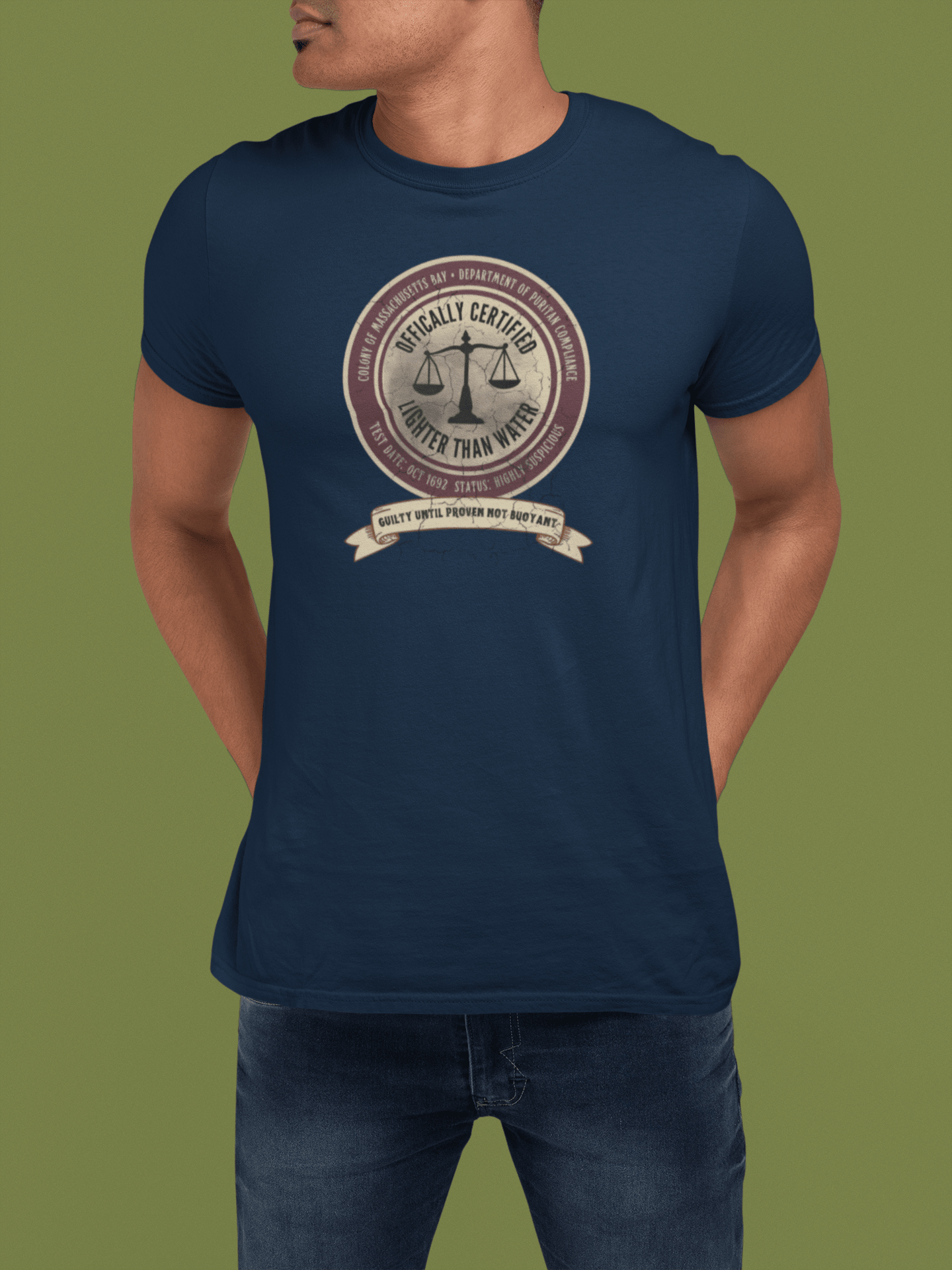 Guilty Until Proven Not Buoyant T-Shirt | Vintage Salem Witch Trials Parody Graphic Tee, Funny Puritan Compliance Scale Halloween Shirt - Guilty Kick Apparel
