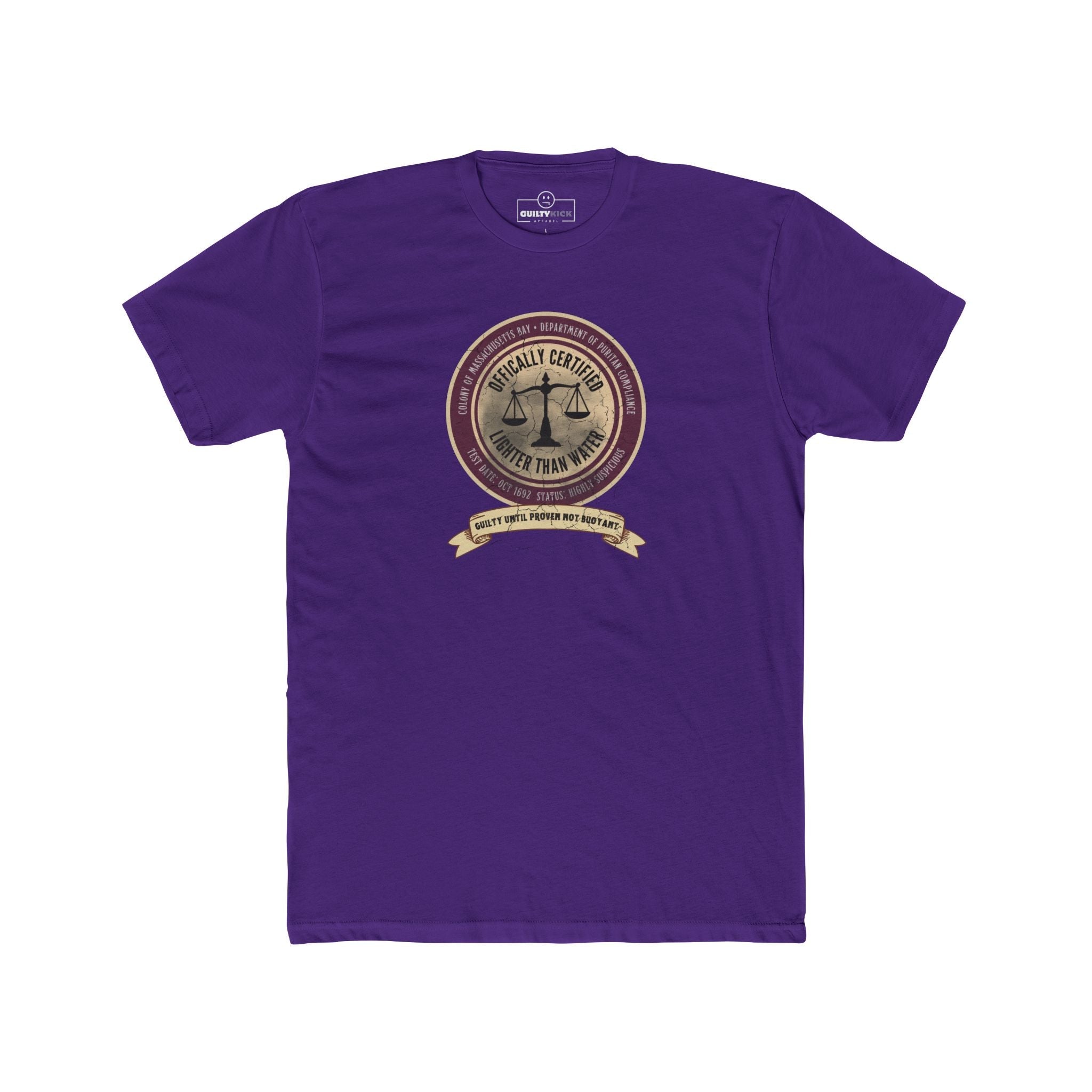 Guilty Until Proven Not Buoyant T-Shirt | Vintage Salem Witch Trials Parody Graphic Tee, Funny Puritan Compliance Scale Halloween Shirt - Guilty Kick Apparel